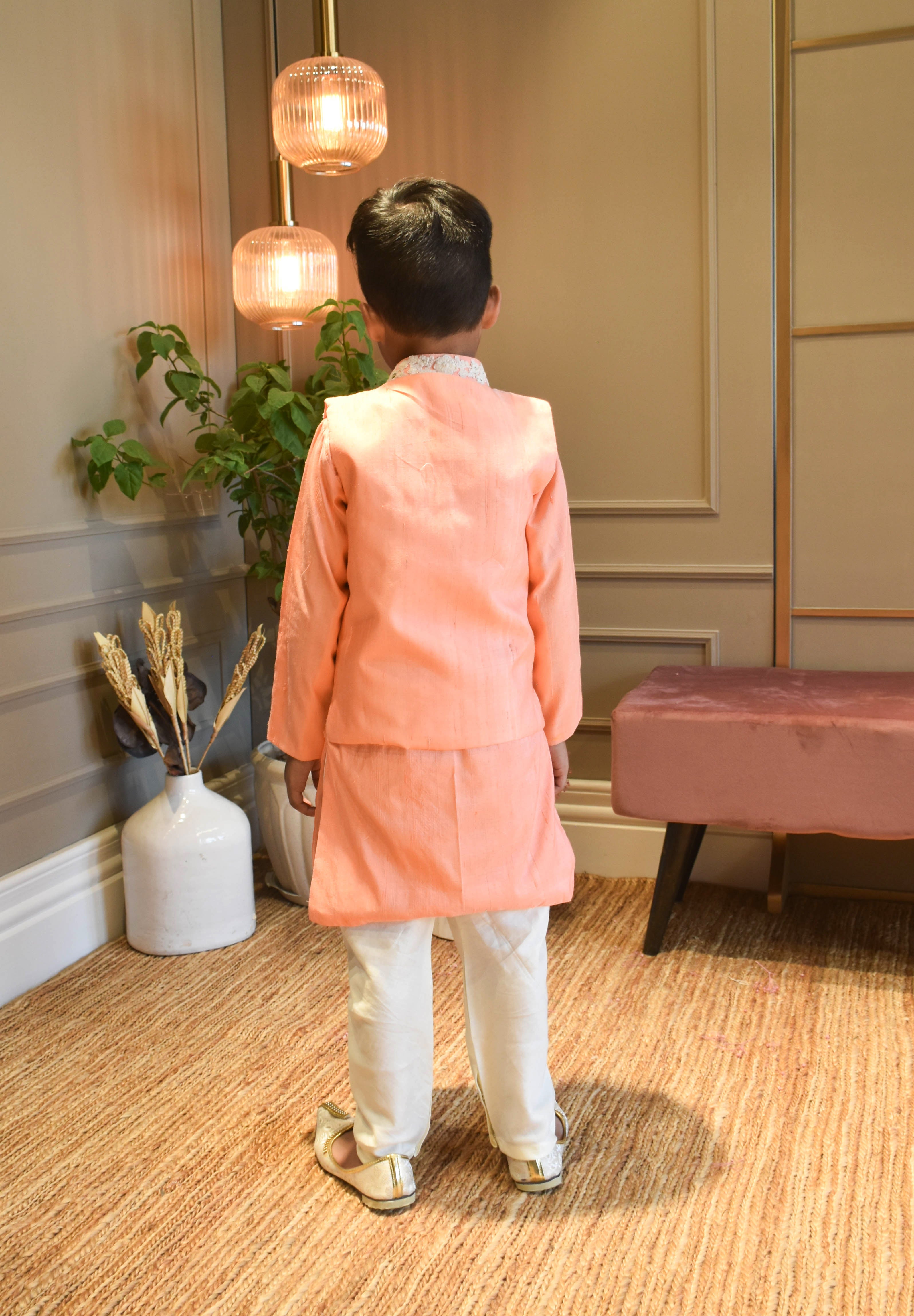 Boy's Peach Silk Kurta Jacket And Churidar - Fayon Kids