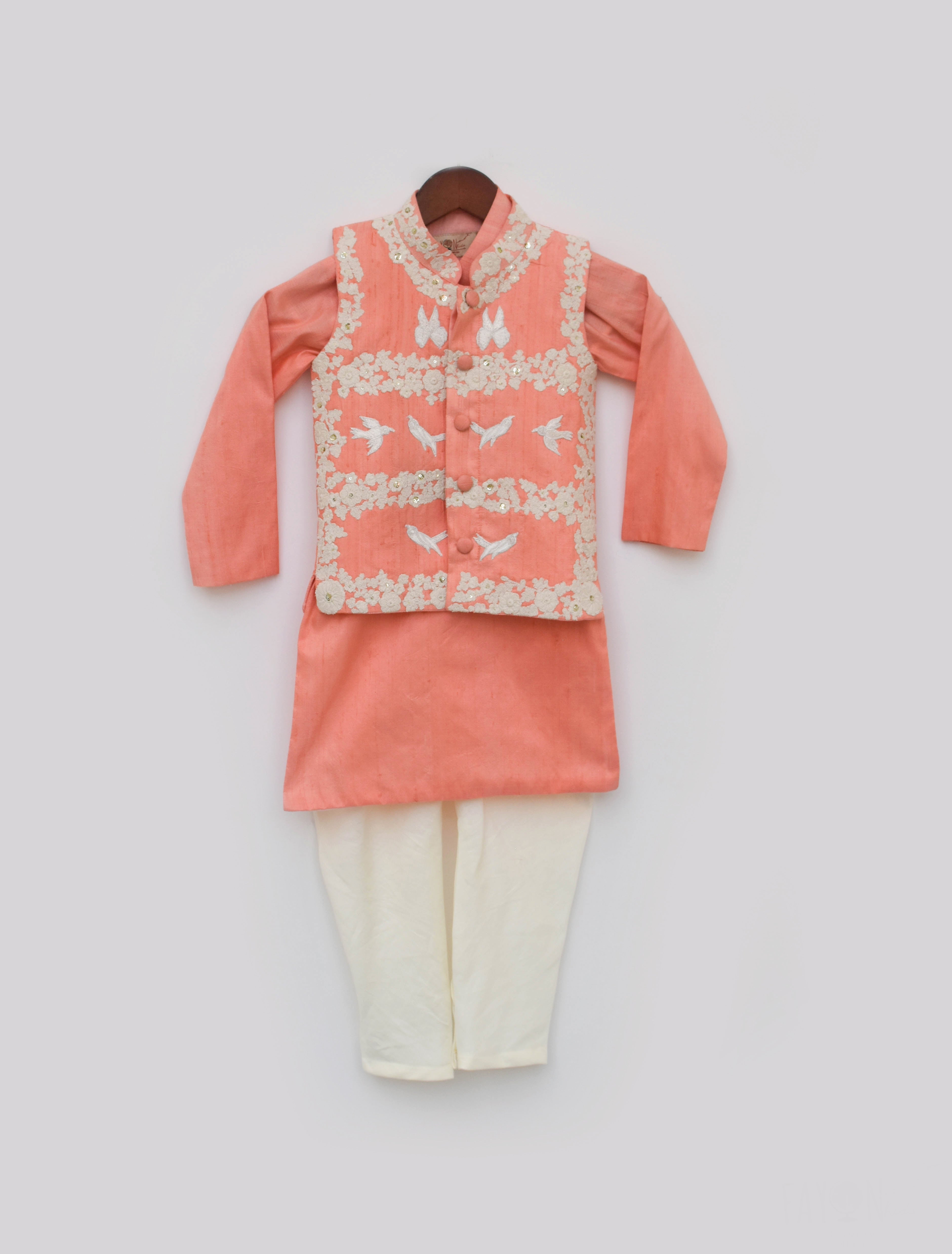 Boy's Peach Silk Kurta Jacket And Churidar - Fayon Kids
