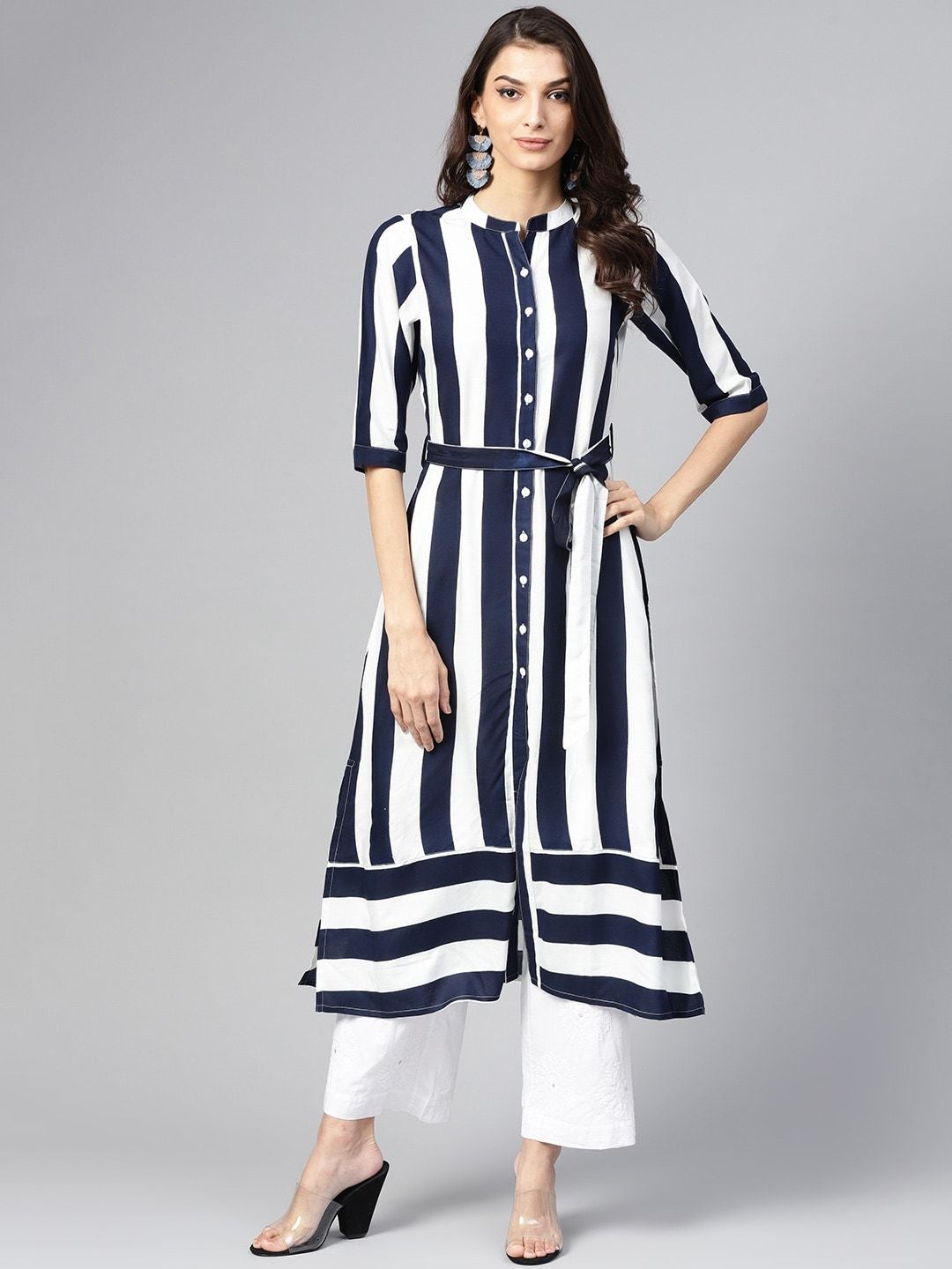 Women's Navy Blue & White Striped A-Line Dress - Meeranshi