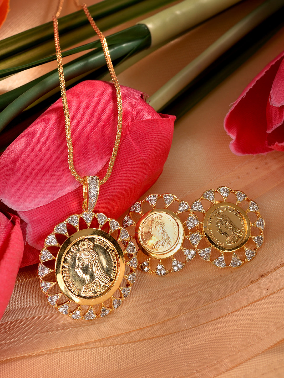 Women's Gold Plated Ad Studded Handmade Earring Locket Jewellery Set - Saraf Rs Jewellery