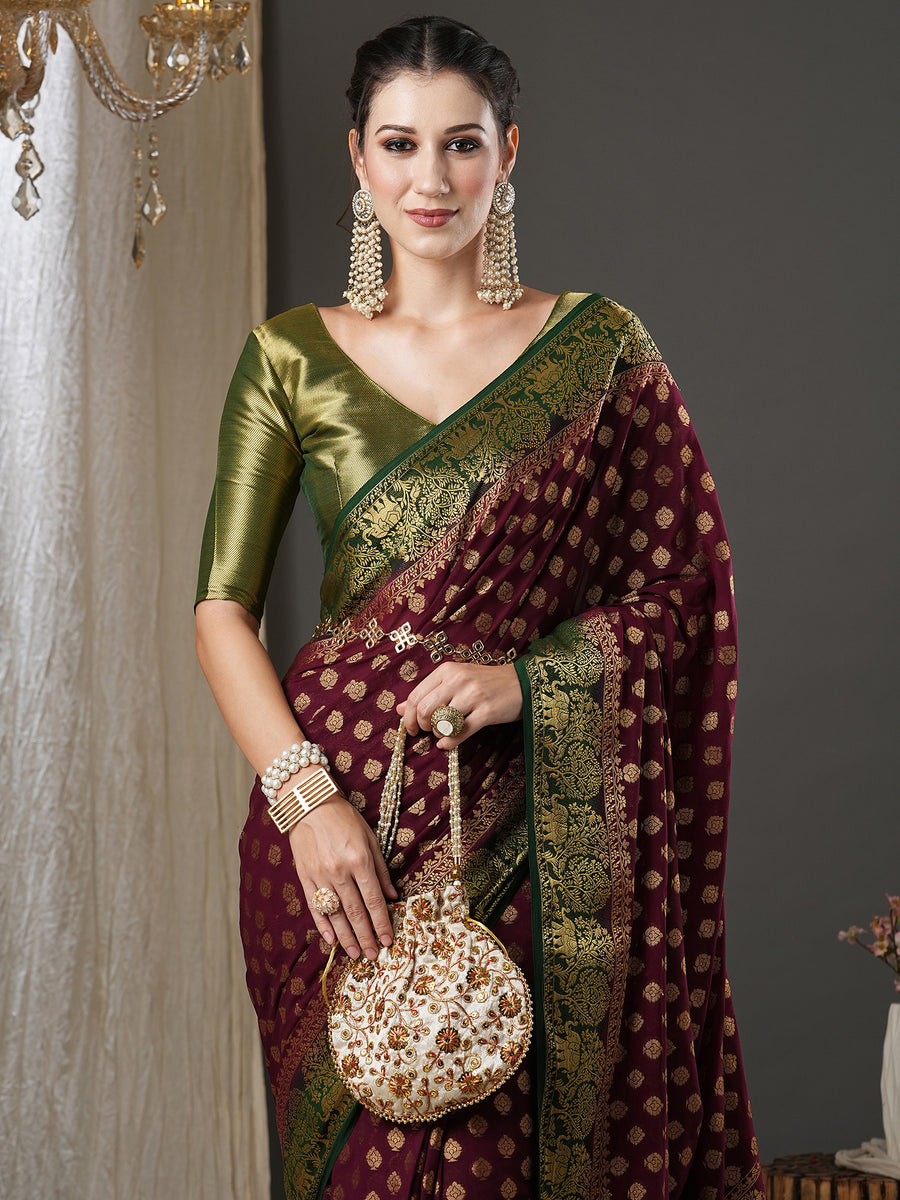 Women's Linen Blend Burgundy Printed Designer Saree With Blouse Piece
