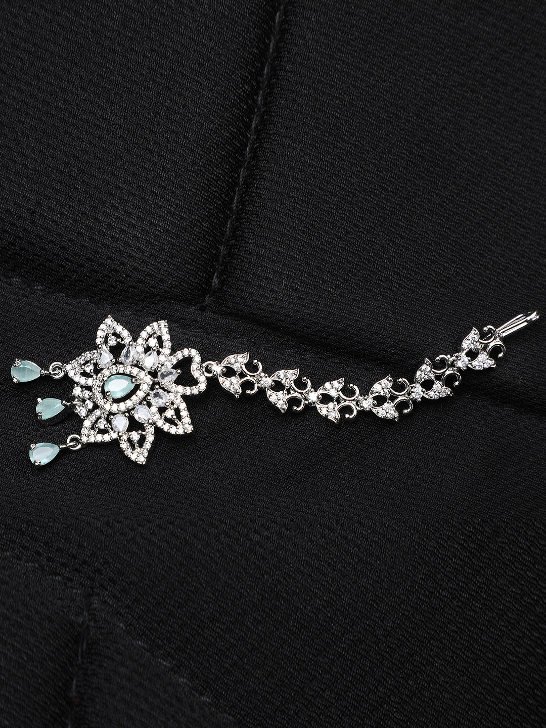 Women's Silver Tone Floral Shape Hand Crafted American Diamond Maangtikka - Anikas Creation