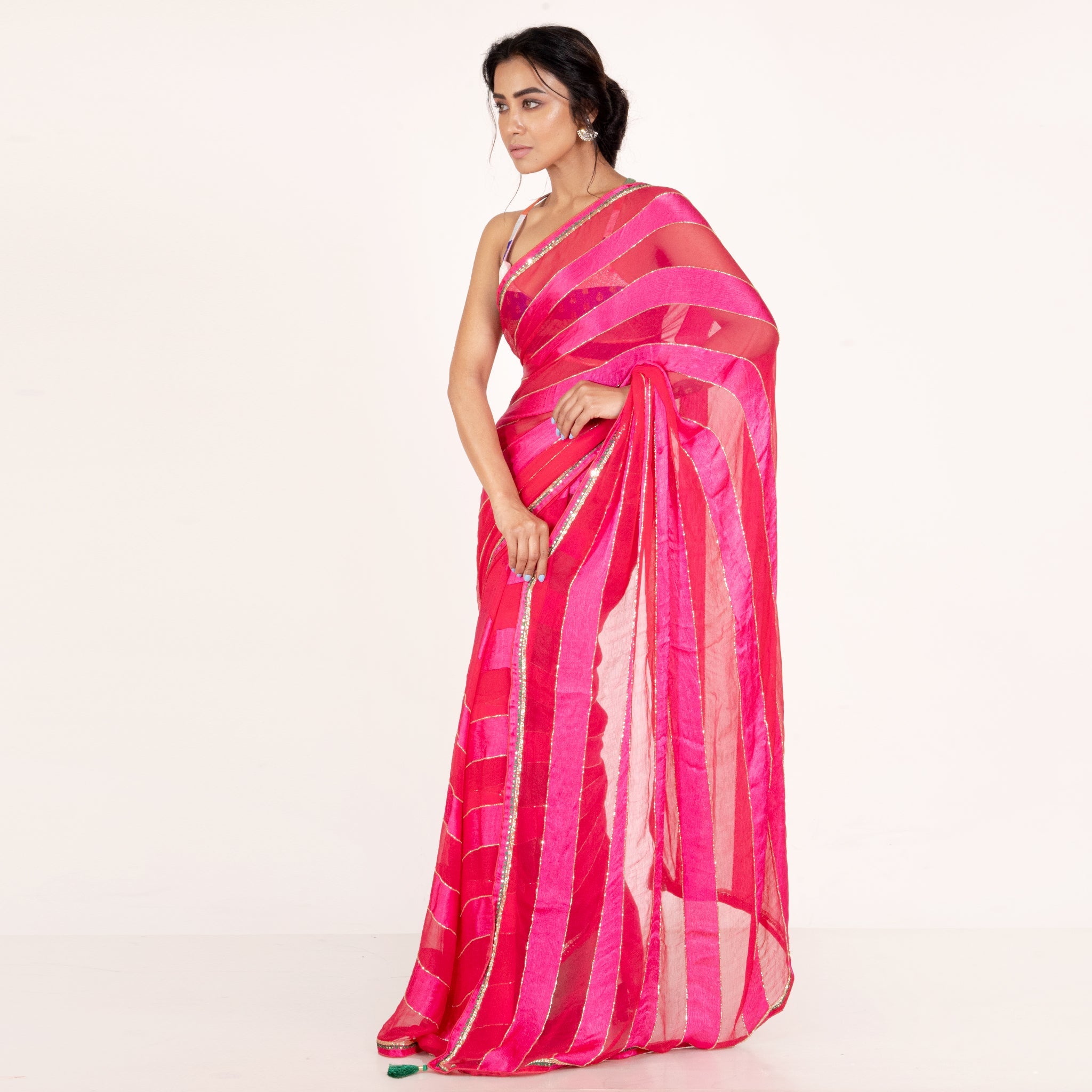 Women's Hot Pink Satin Chiffon Stripe Saree With Hand Embroidery - Boveee
