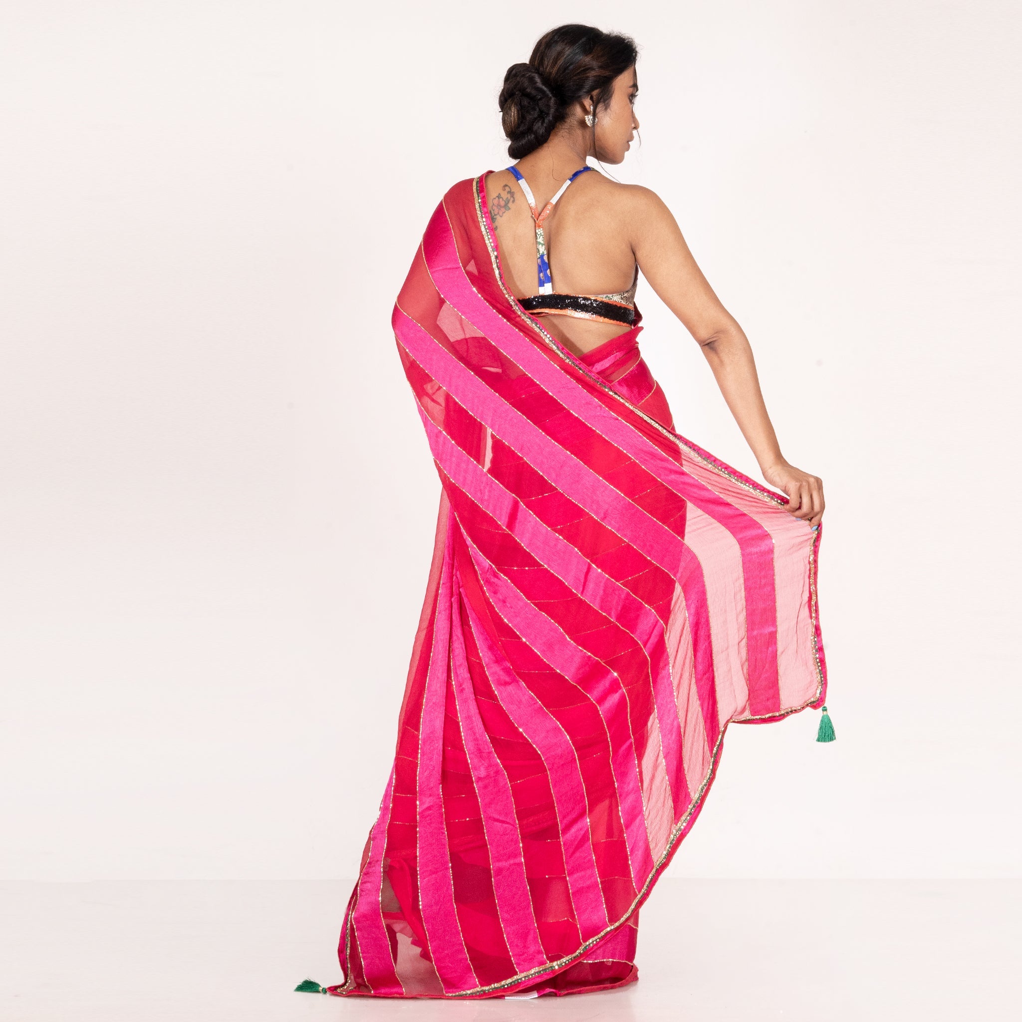 Women's Hot Pink Satin Chiffon Stripe Saree With Hand Embroidery - Boveee