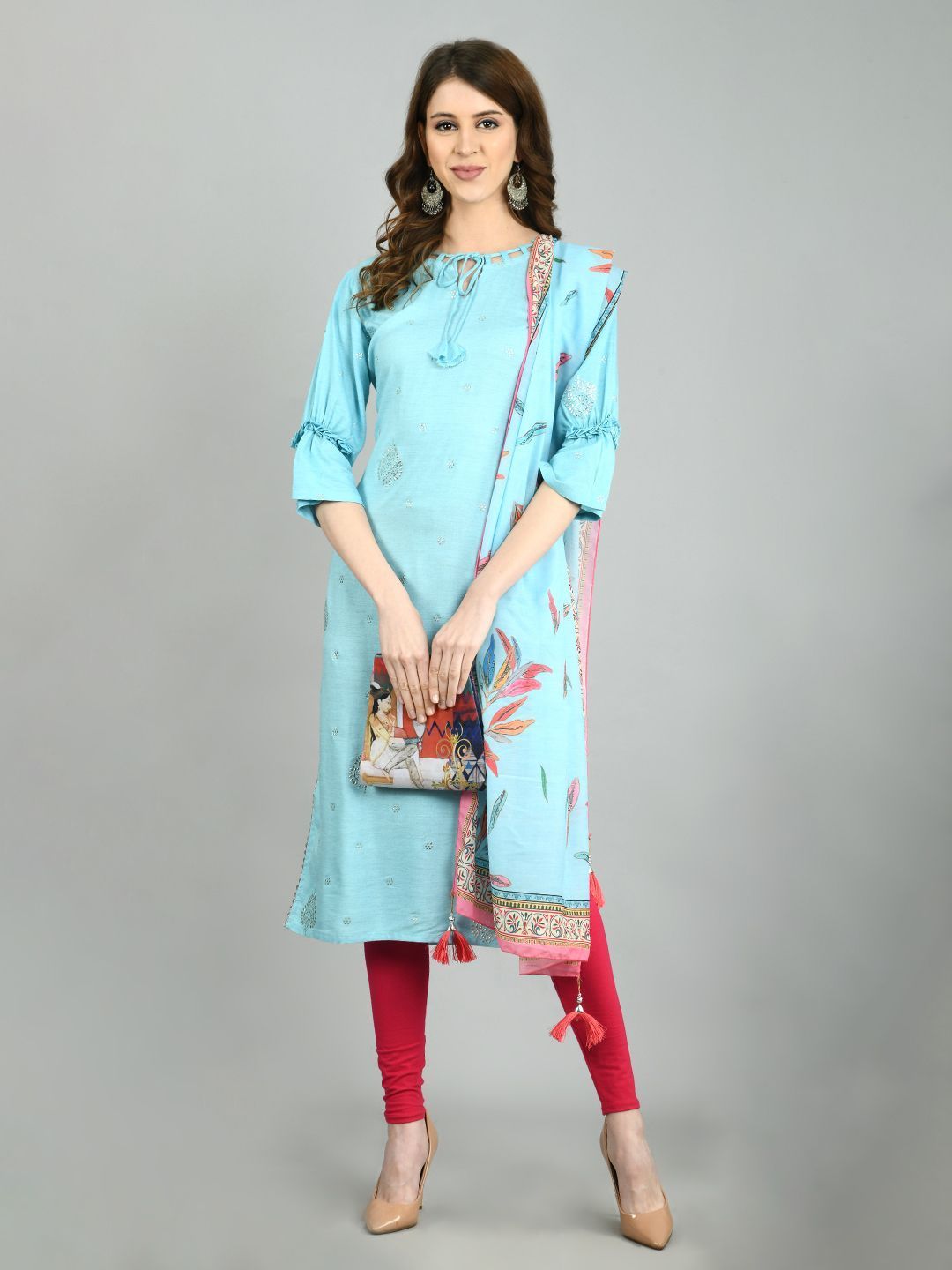 Women's Sky Blue Cotton Printed 3/4 Sleeve Round Neck Casual Kurta Dupatta  Set - Myshka