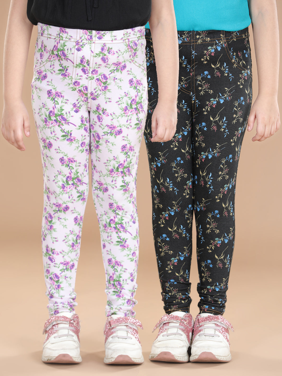 Girl's  Cotton Floral Printed Pack Of 2 Jeggings - StyleStone Kid