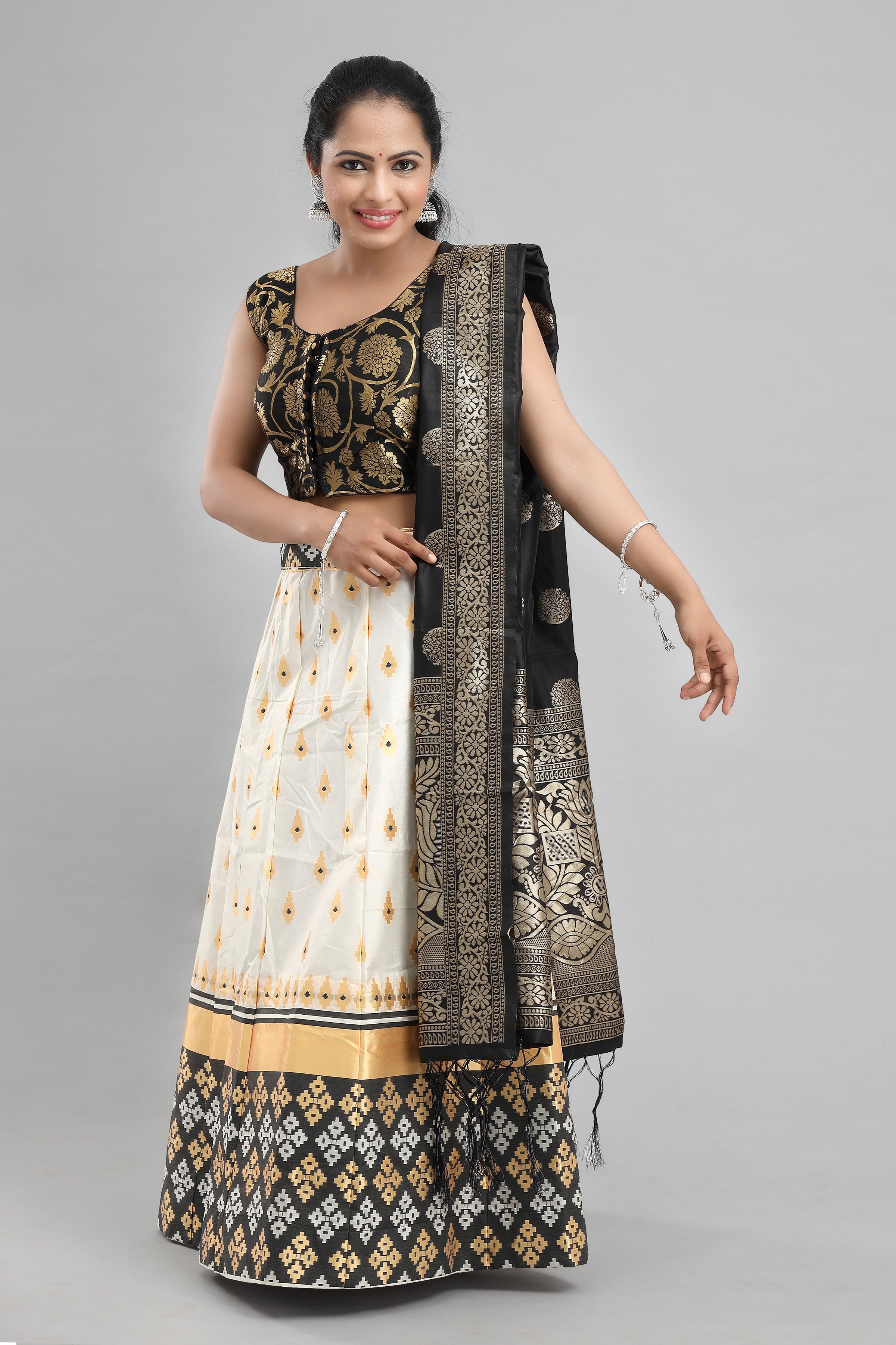 Women's Banarasi  Black And White Brocade Lehenga With Ready Made Blouse  - MANOHARA