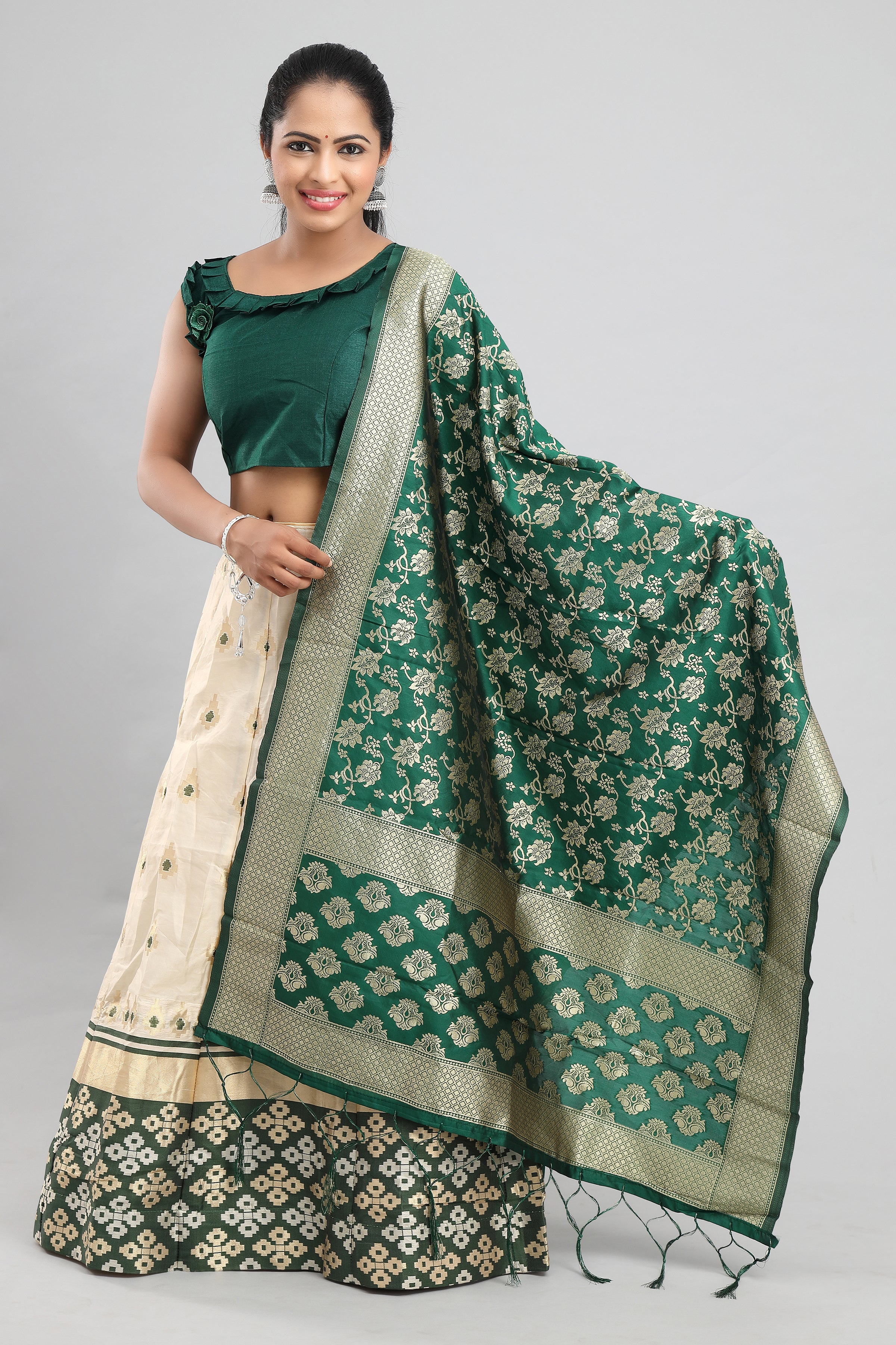 Women's Banarasi  White And Green Brocade Lehenga With Ready Made Blouse, Brocade Dupatta, Cane And Lining. - MANOHARA