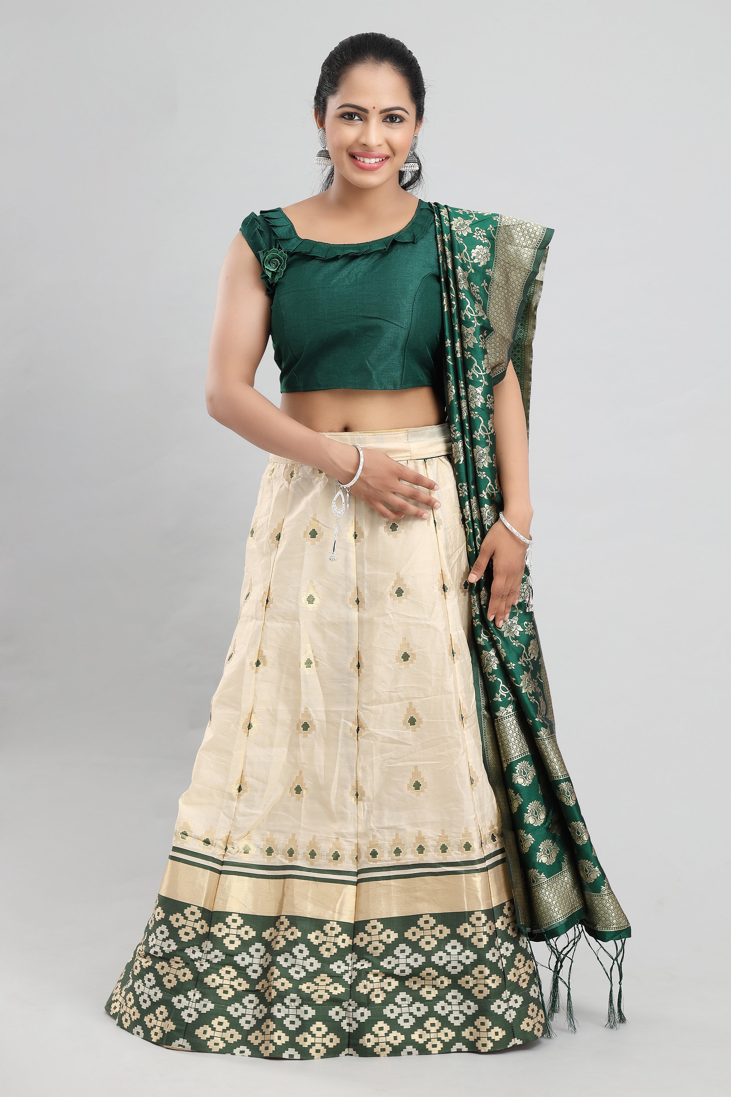 Women's Banarasi  White And Green Brocade Lehenga With Ready Made Blouse, Brocade Dupatta, Cane And Lining. - MANOHARA