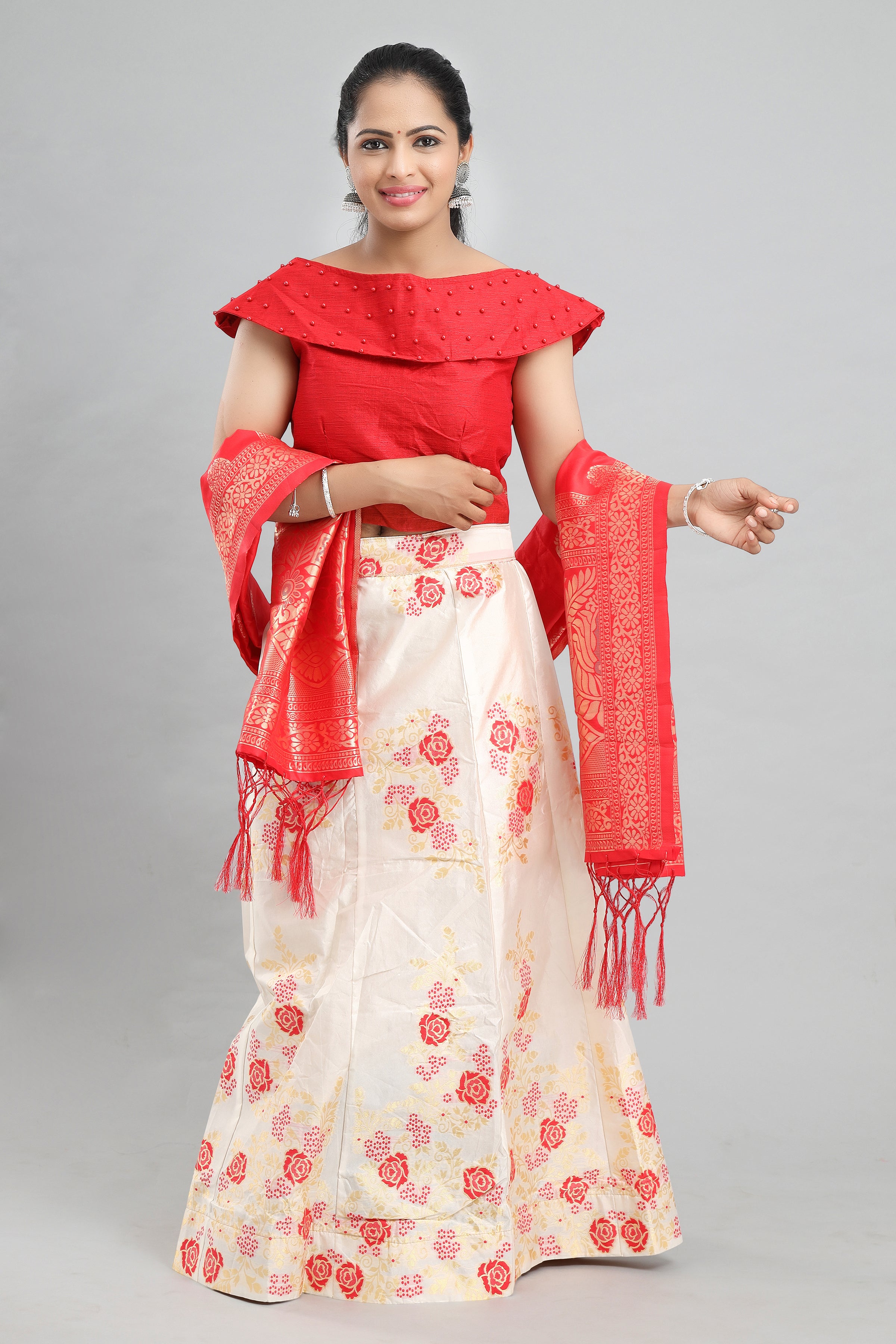 Women's Banarasi Red Floral Brocade Lehenga With Ready Made Blouse, Dupatta, Cane And Lining. - MANOHARA
