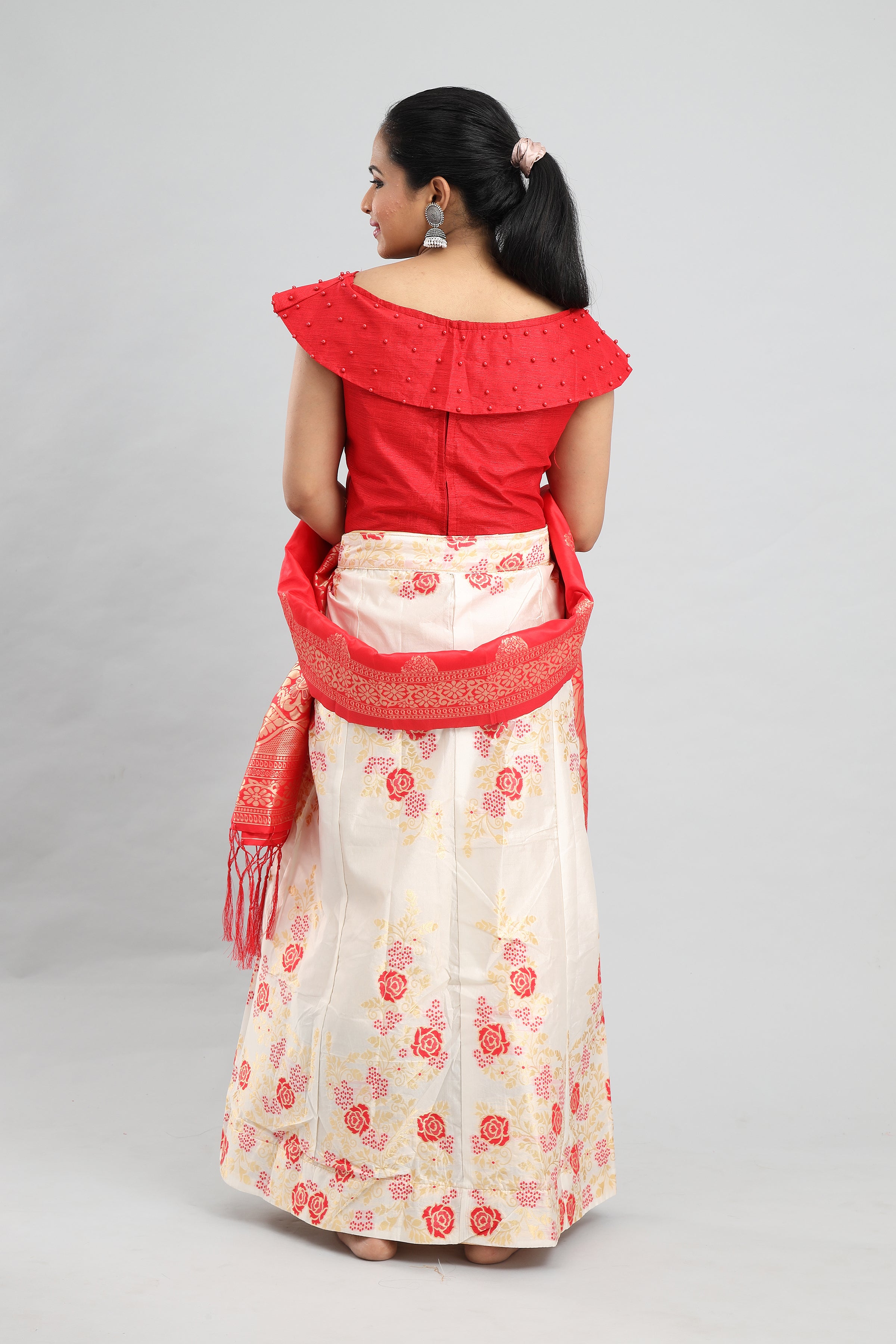 Women's Banarasi Red Floral Brocade Lehenga With Ready Made Blouse, Dupatta, Cane And Lining. - MANOHARA