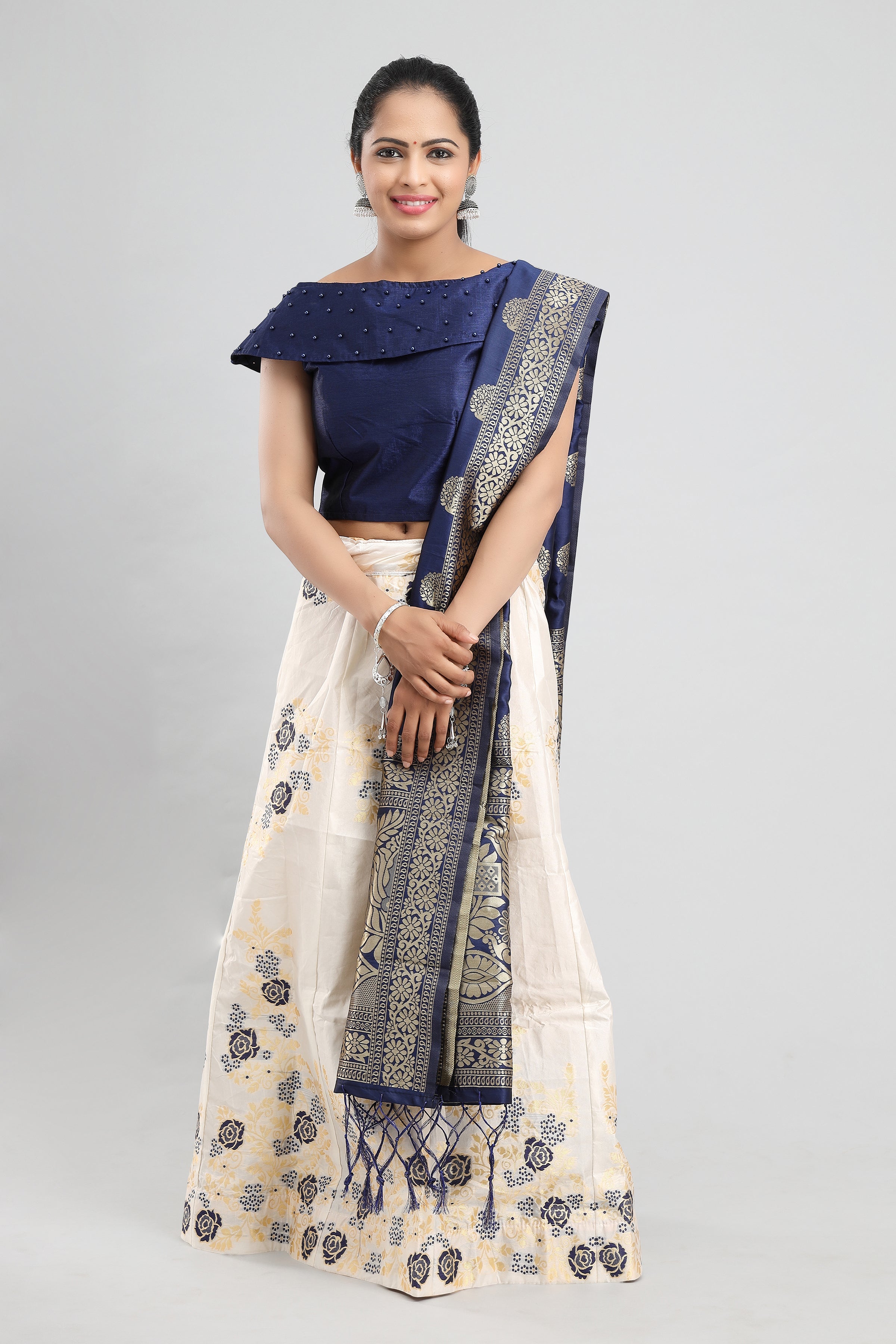 Buy White Blouse And Drape Pure Chanderi Lehenga Cotton Printed Set For  Women by Yogita Kadam Online at Aza Fashions.