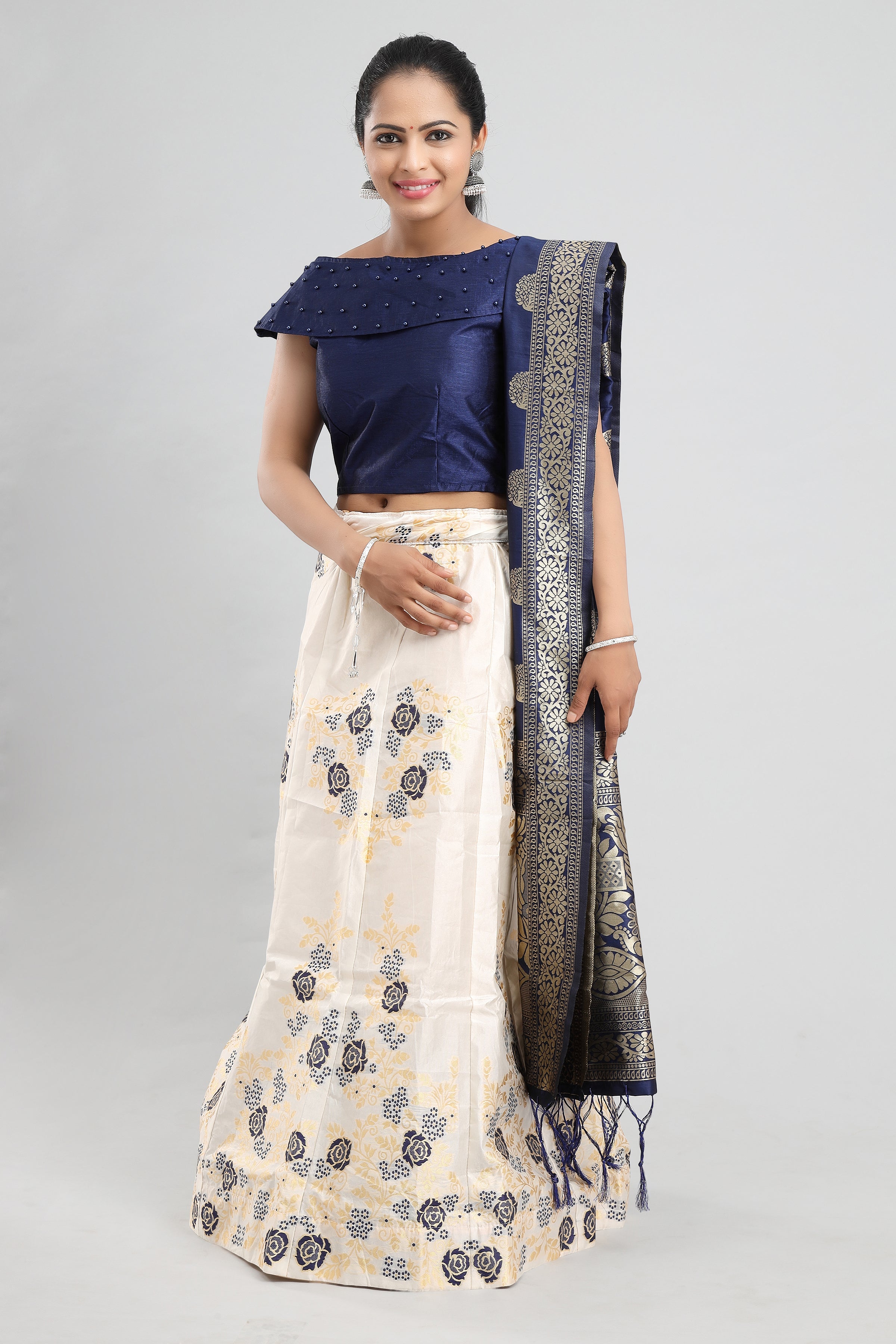Women's Banarasi Blue On White Floral Brocade Lehenga With Ready Made Blouse, Dupatta, Cane And Lining. - MANOHARA