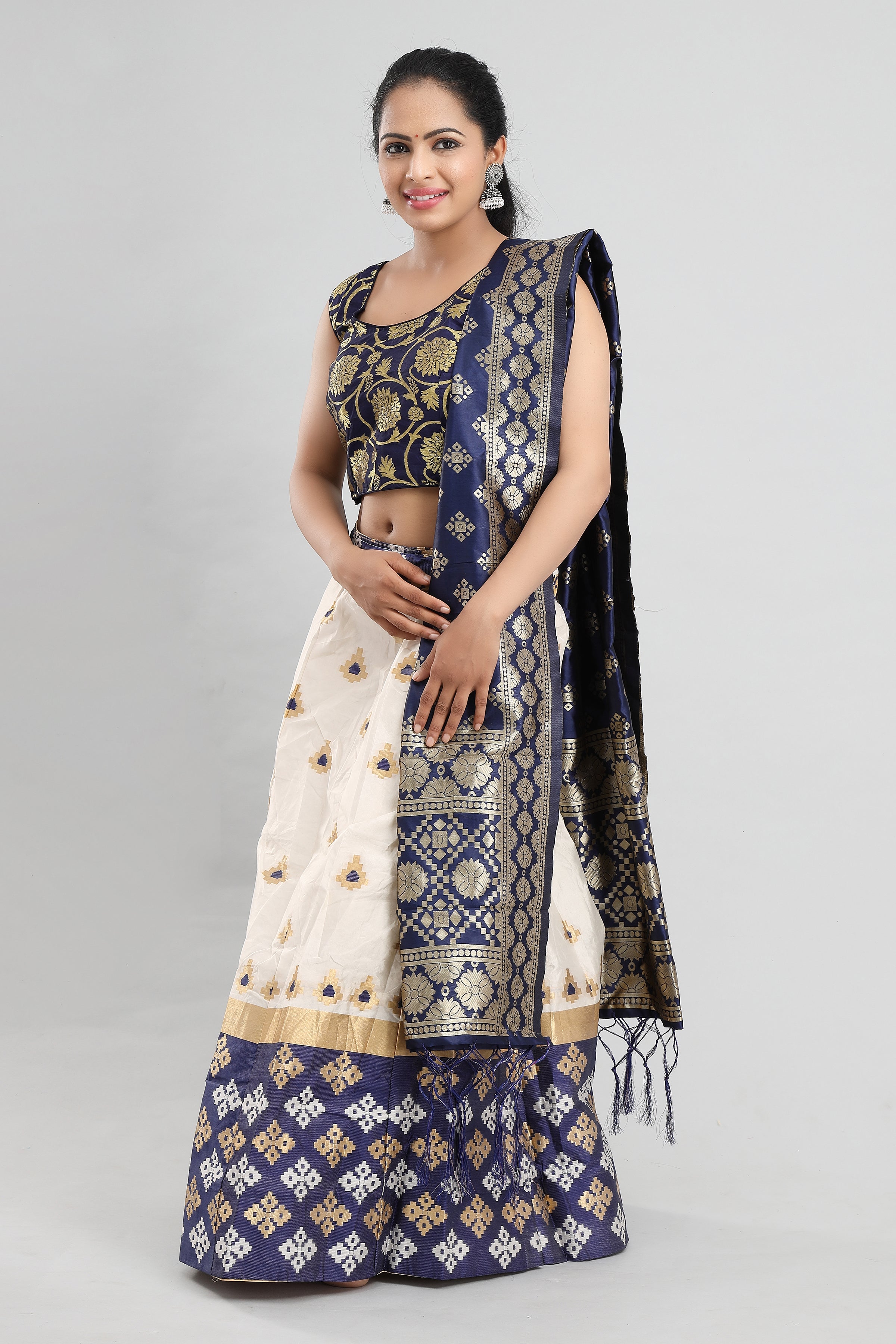 Women's Banarasi Blue On White Brocade Lehenga With Ready Made Blouse, Dupatta, Cane And Lining. - MANOHARA