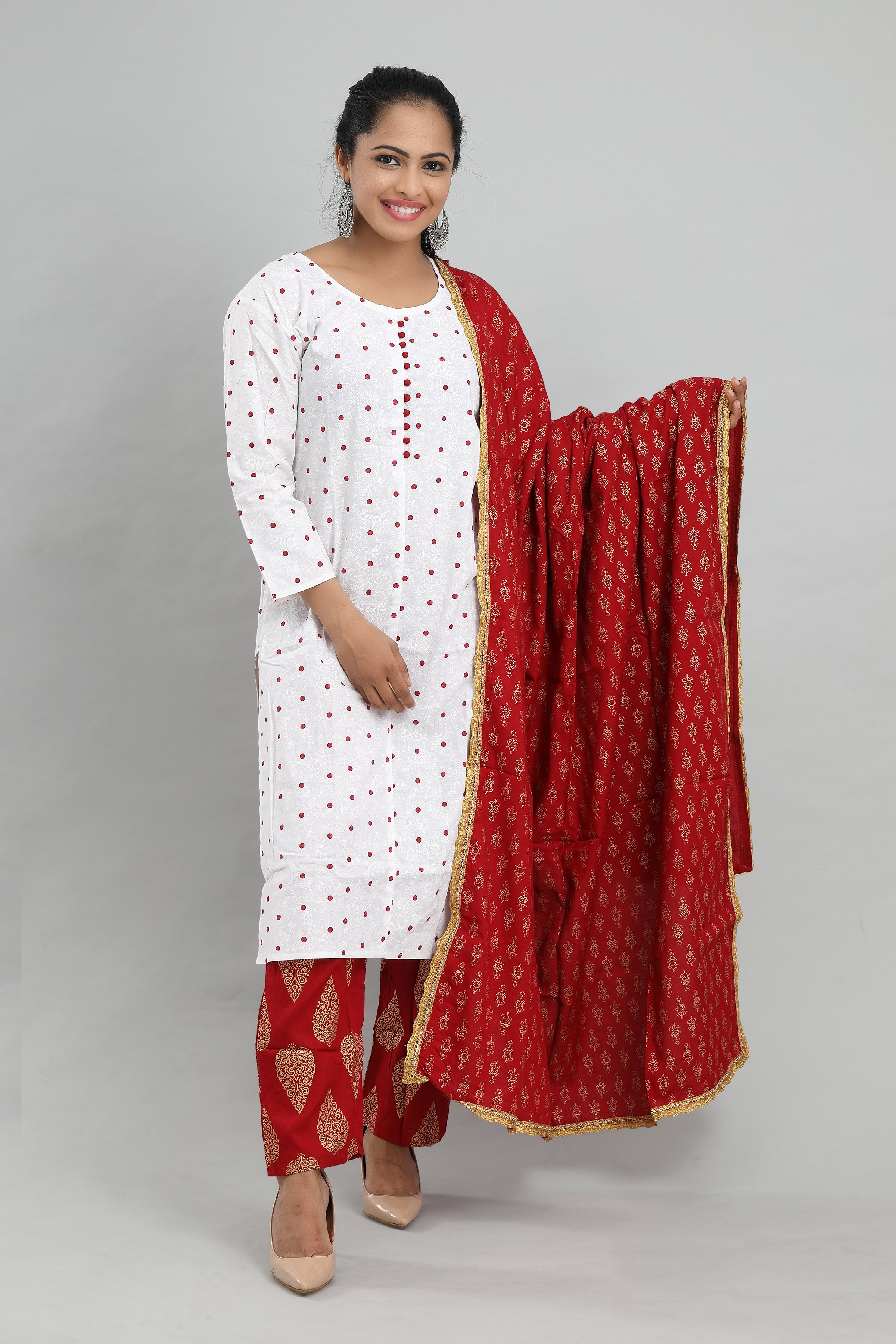Women White and Red Suit Set by MANOHARA (Set of 3)