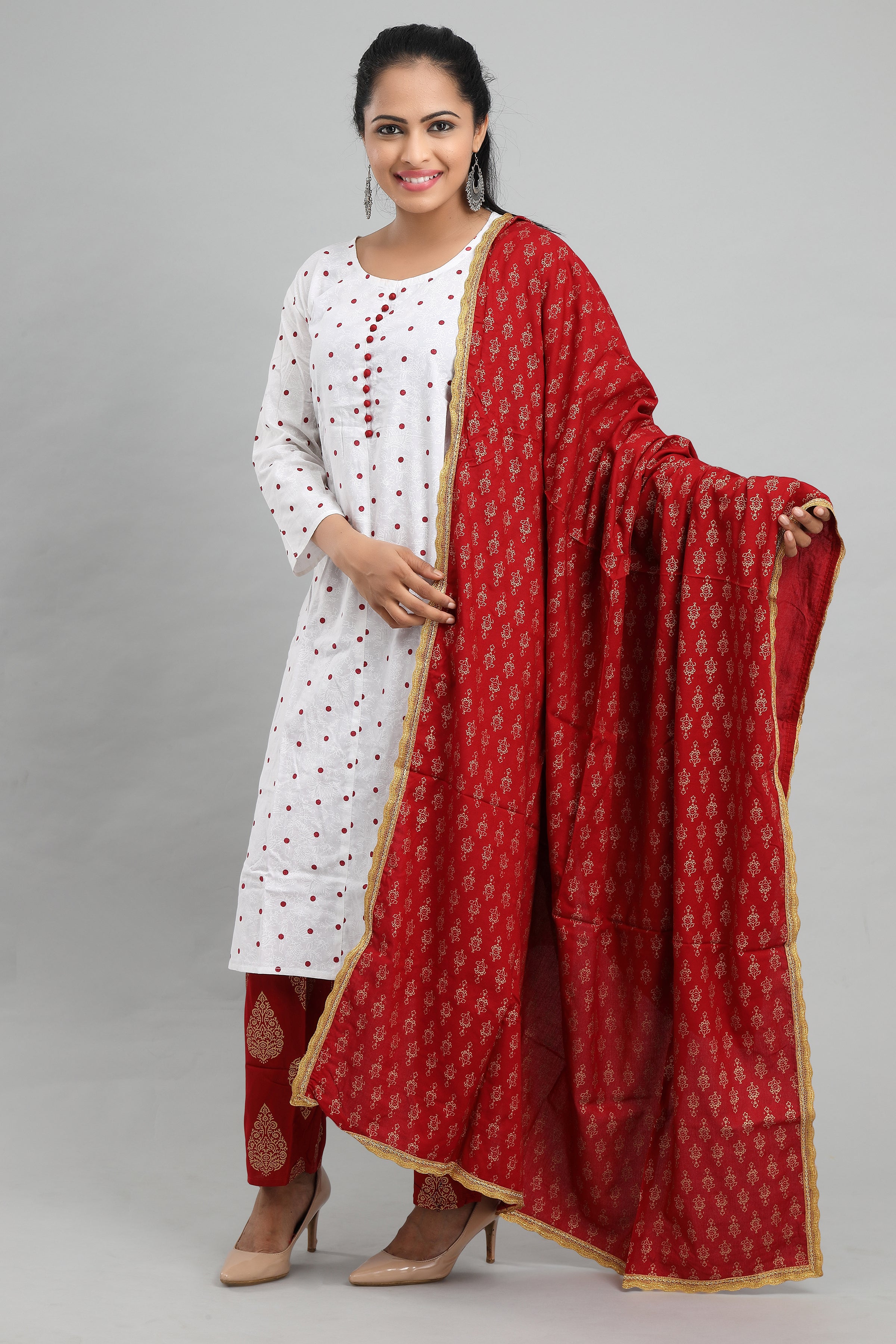 Women White and Red Suit Set by MANOHARA (Set of 3)