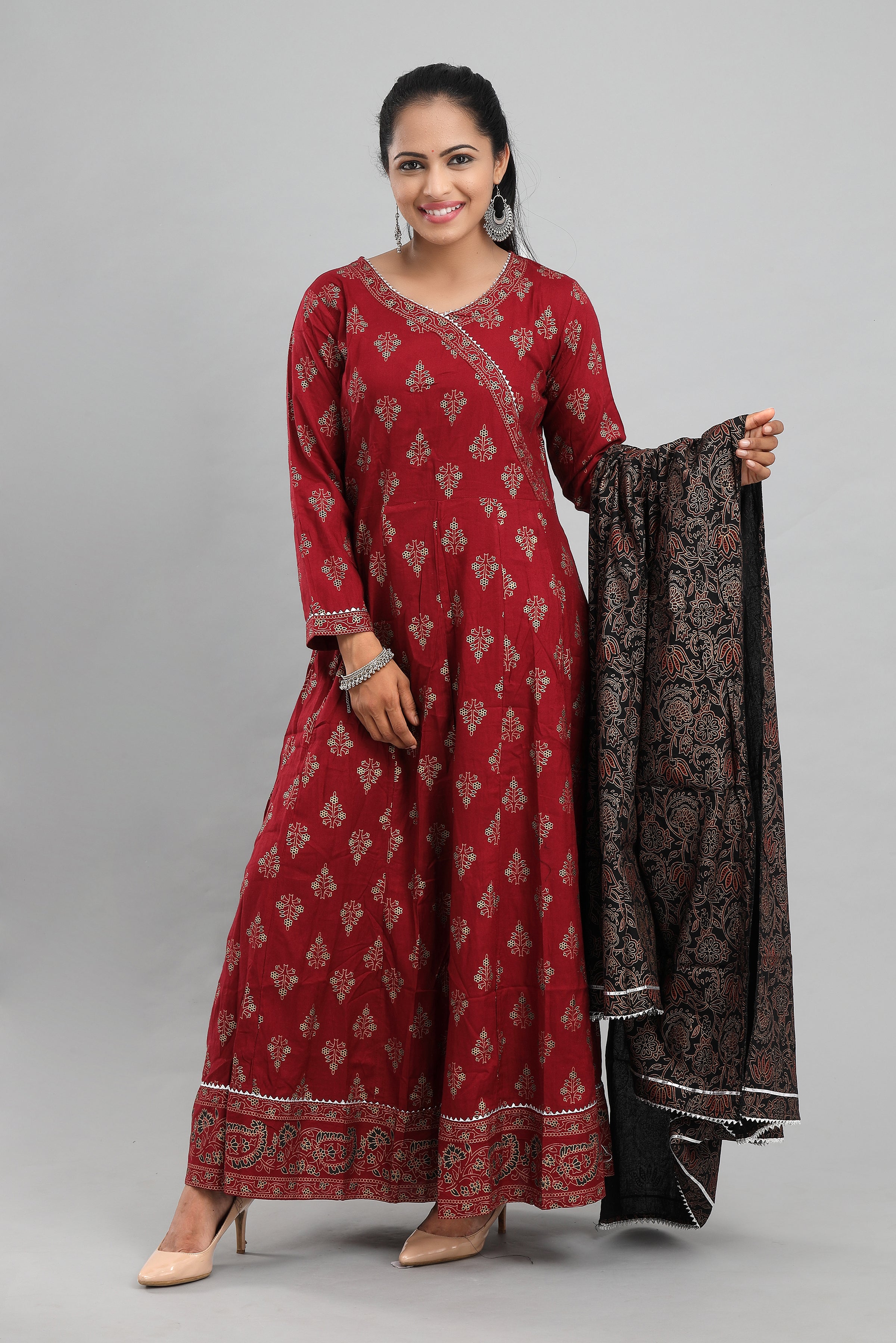 Women Red Anarkali with Black Dupatta by MANOHARA (Set of 2)