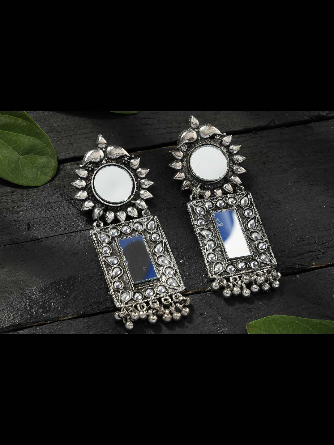 Johar Kamal Silver Color Earrings with mirror & Pearls work Jhumkas Jker_089