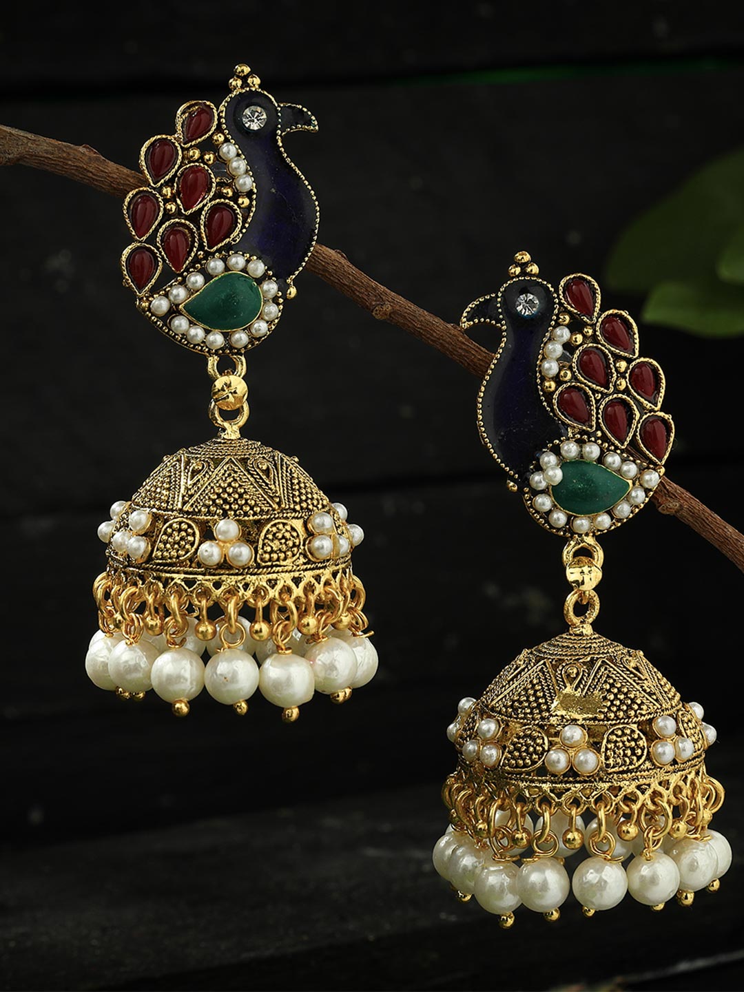 Johar Kamal Traditional Peacock design multi color Jhumka with Pearls Jker_042