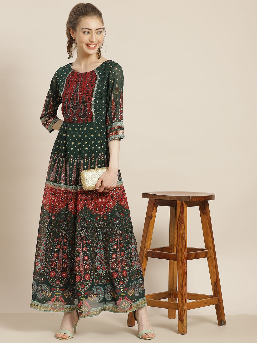 Women's Jadegreen Georgette Printed Anarkali Dress - Juniper