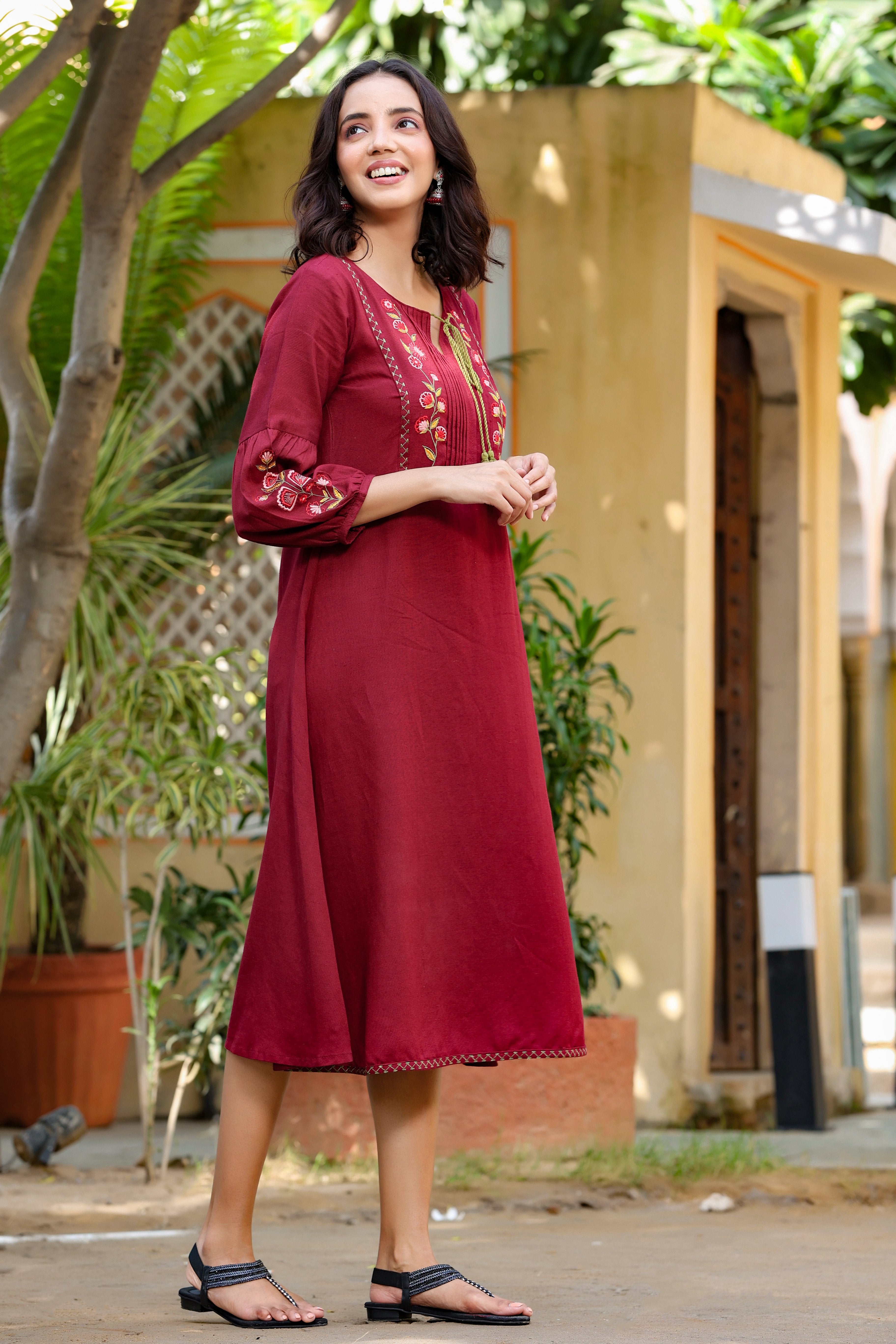 Women's Maroon Embroidered Dress - Yufta