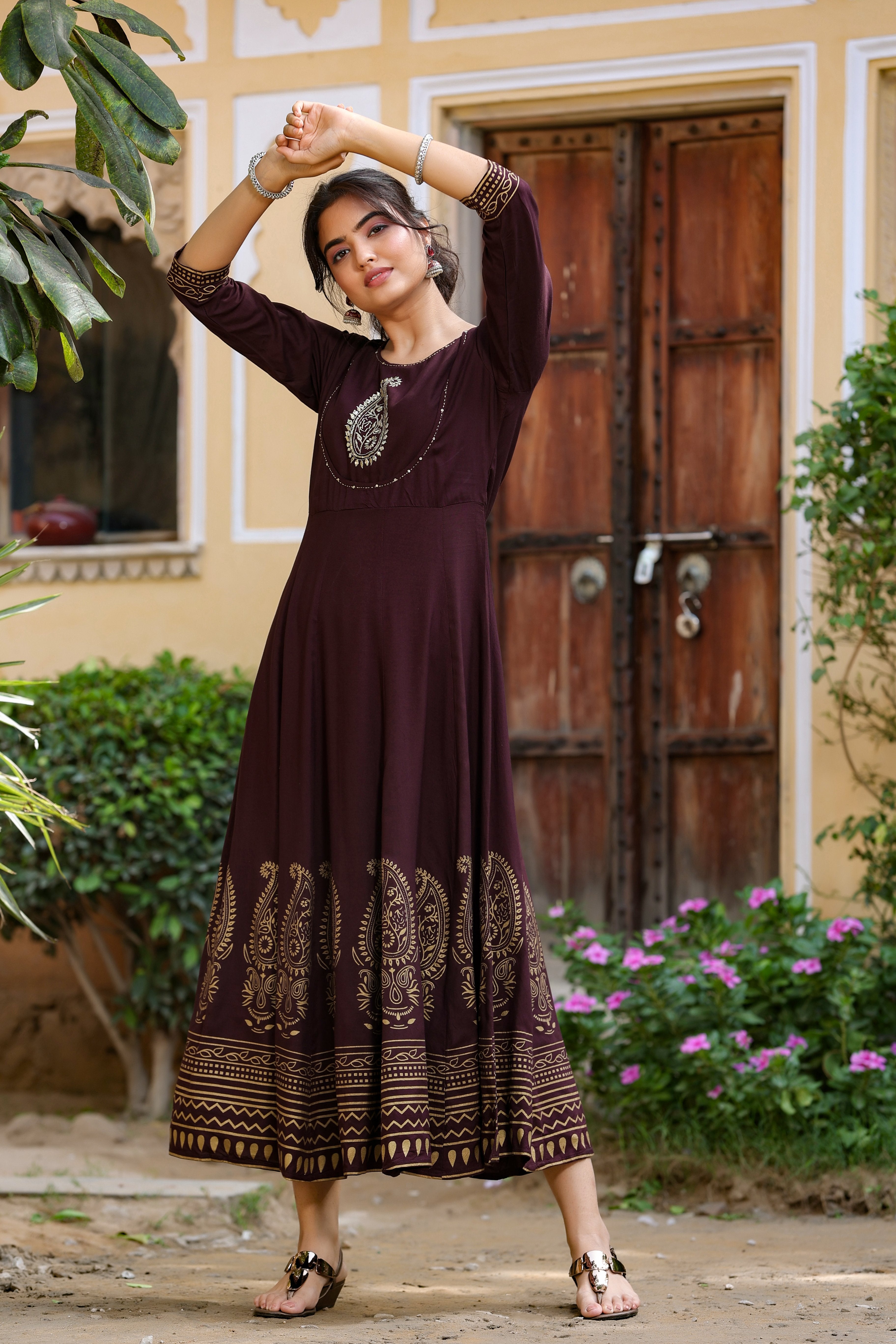 Women's Brown Printed Dress - Yufta