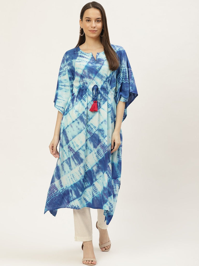 Women's Blue & Off White Dyed Extended Sleeves Kaftan Kurta (1pc)