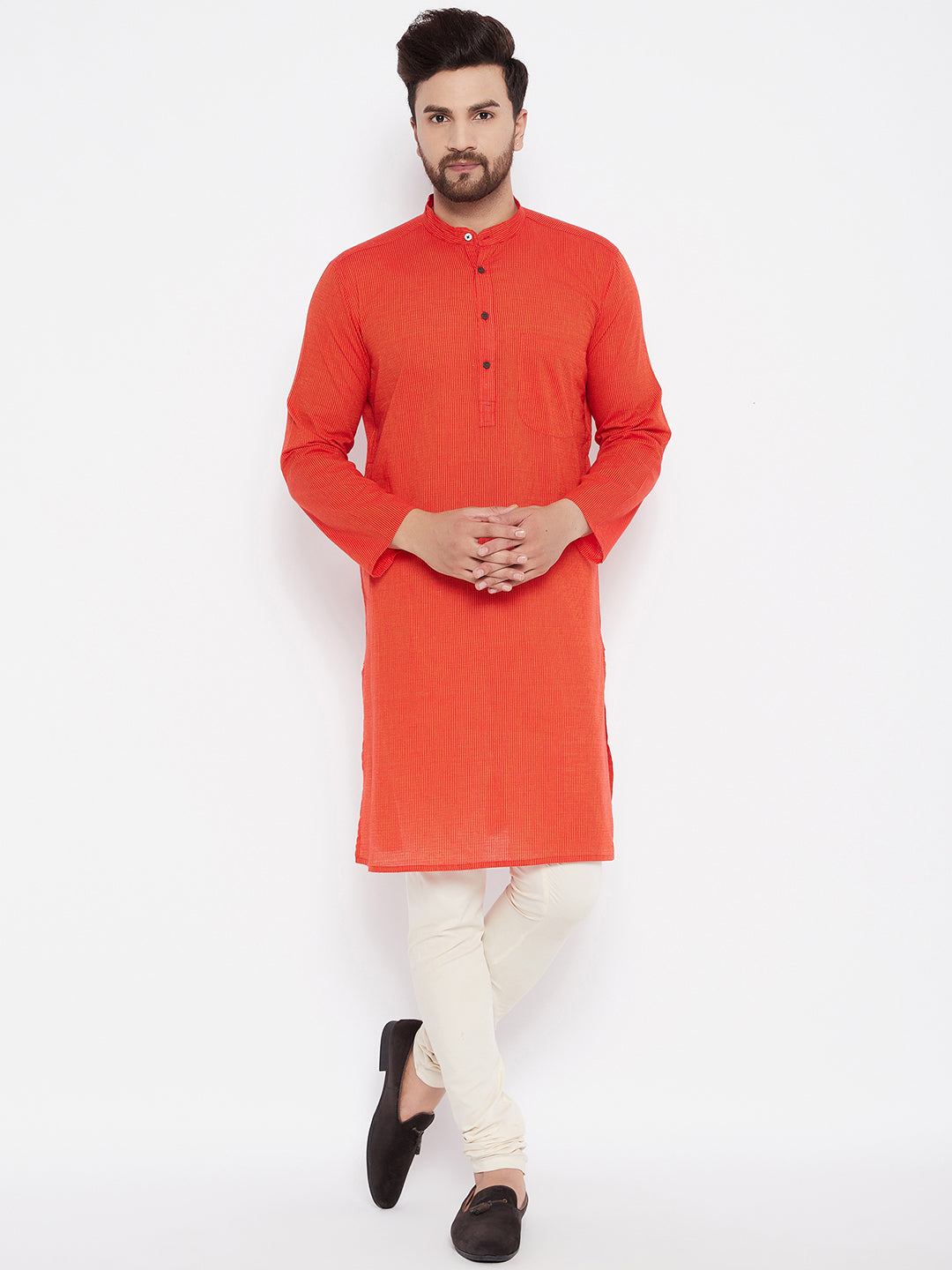 Men's Pure Cotton Striped Orange Kurta - Even Apparels