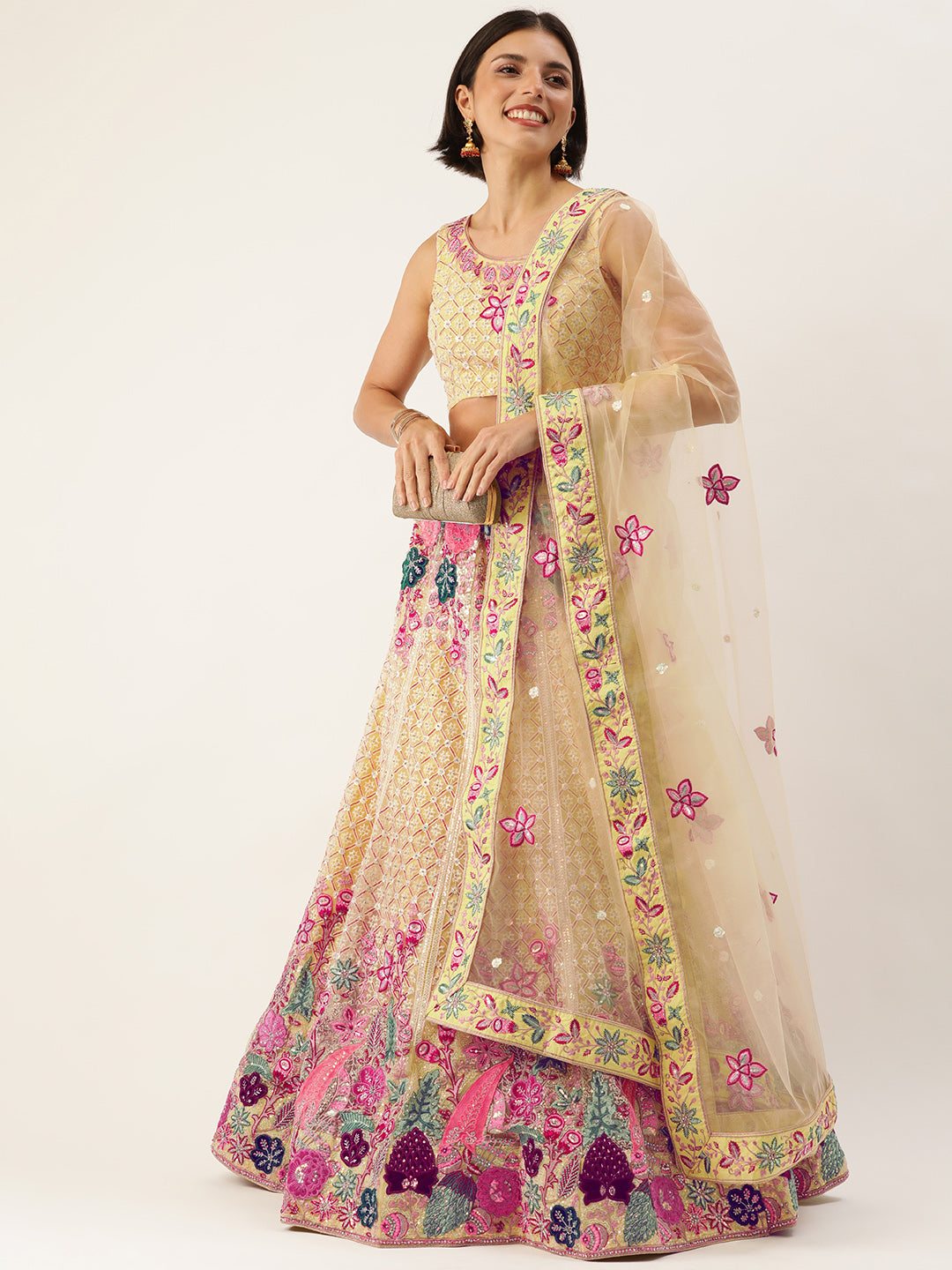 Women's Lemon Net Lakhnavi Multi Colour Thread, Embroidered Lehenga & Blouse, Dupatta - Royal Dwells