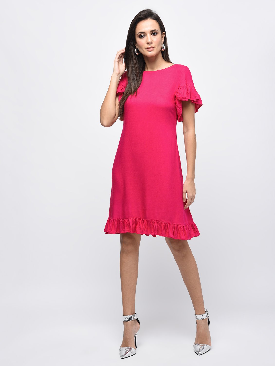 Women's Pink Rayon Solid Flared Sleeve Round Neck Dress - Myshka