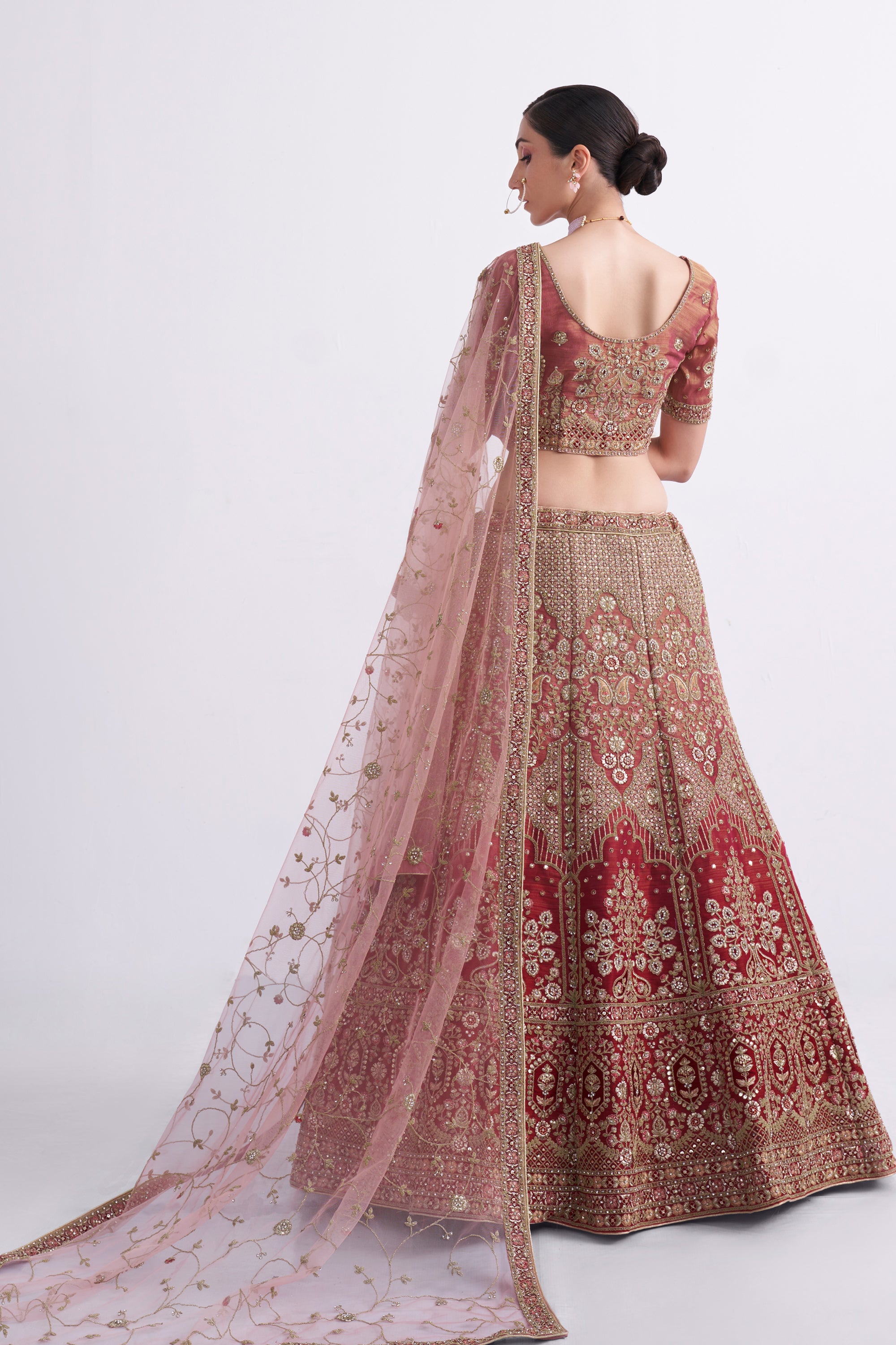 Women's Bridal Heritage Shaded Rust Heavy Embroidered Shaded Silk Designer Lehenga - CHITRAS