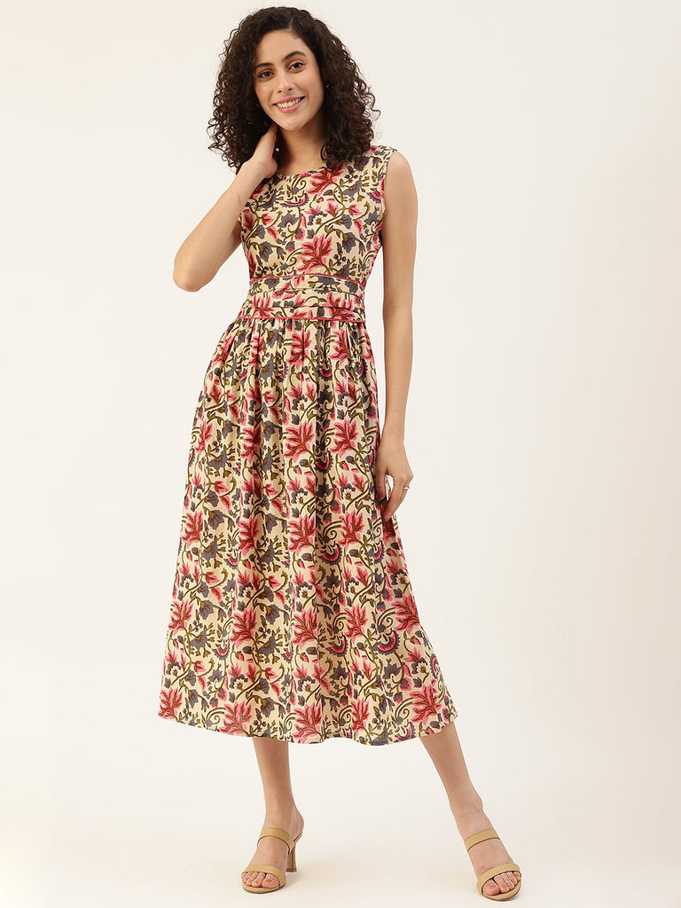 Women's Beige Printed Cowl Belt Cotton Dress