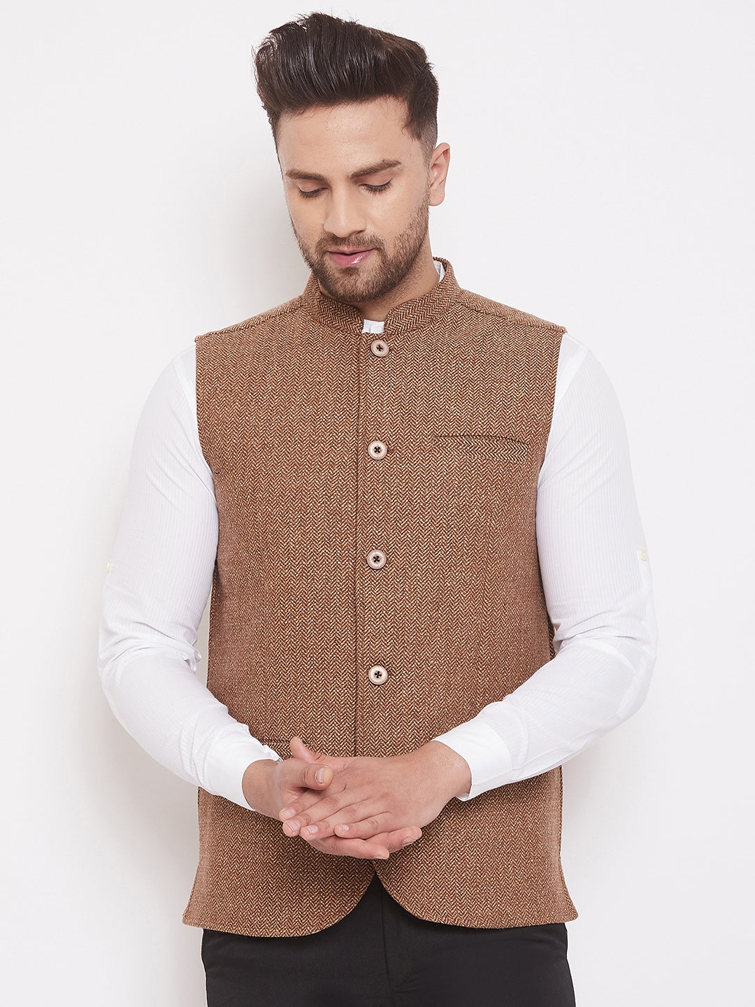 Men's Brown Woolen Tweed Nehru Jacket