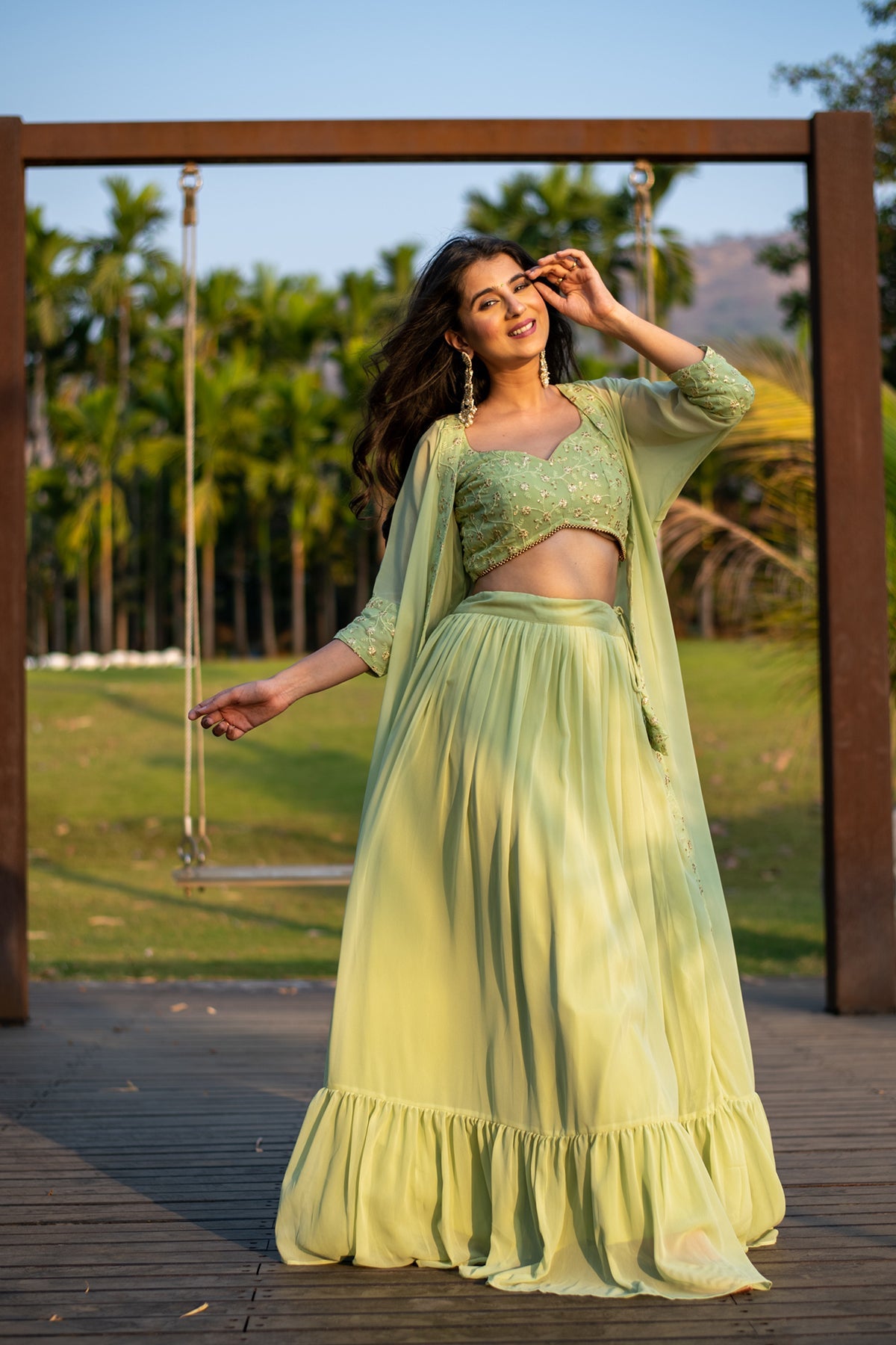 Women's Pastel Olive Lehenga With Jacket