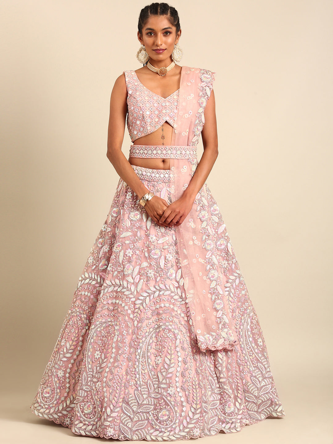 Women 's Pink Net Multi Sequins with heavy Zarkan embroidery Ready to Wear Lehenga choli & Dupatta - Royal Dwells