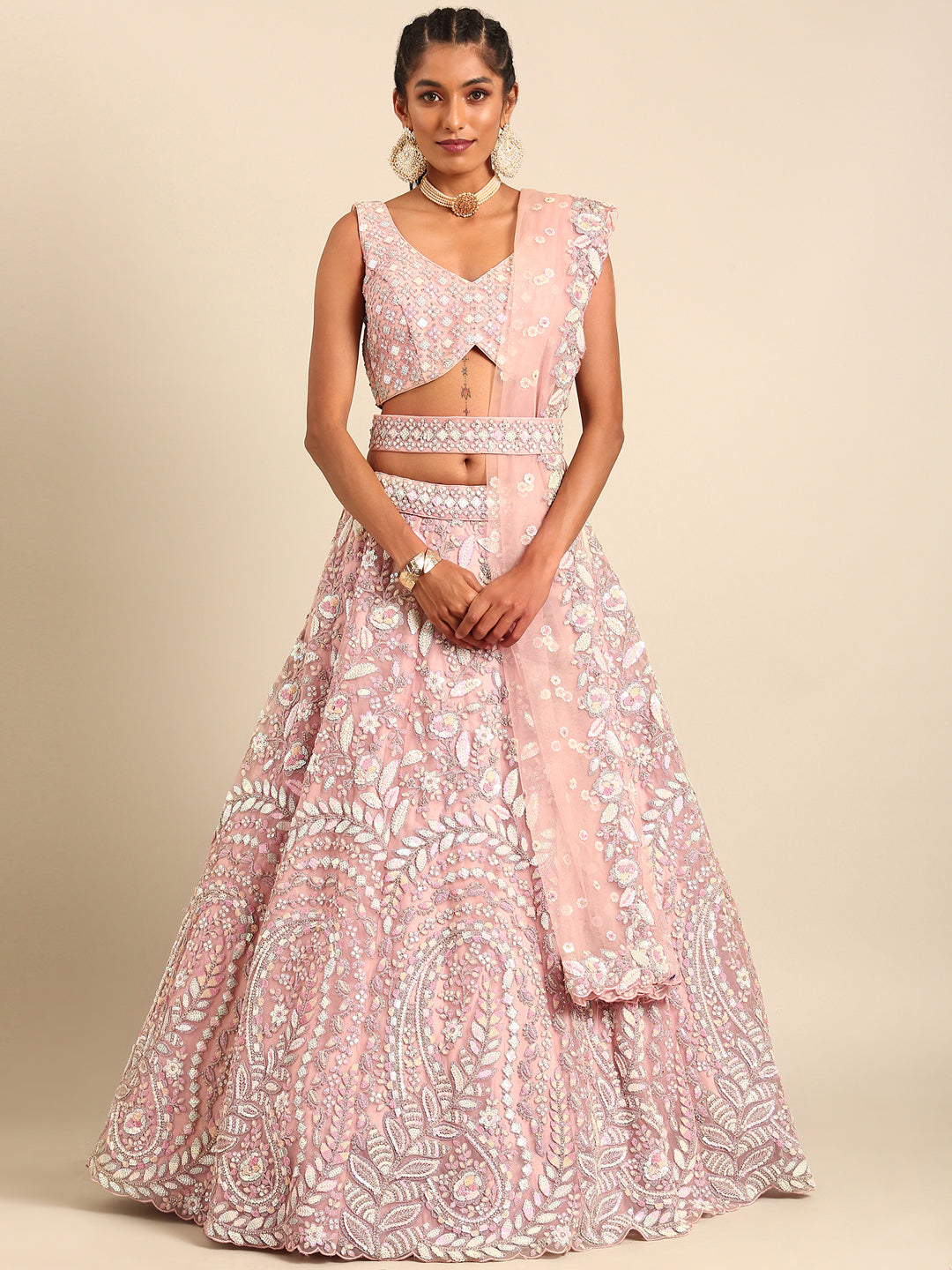 Women 's Pink Net Multi Sequins with heavy Zarkan embroidery Ready to Wear Lehenga choli & Dupatta