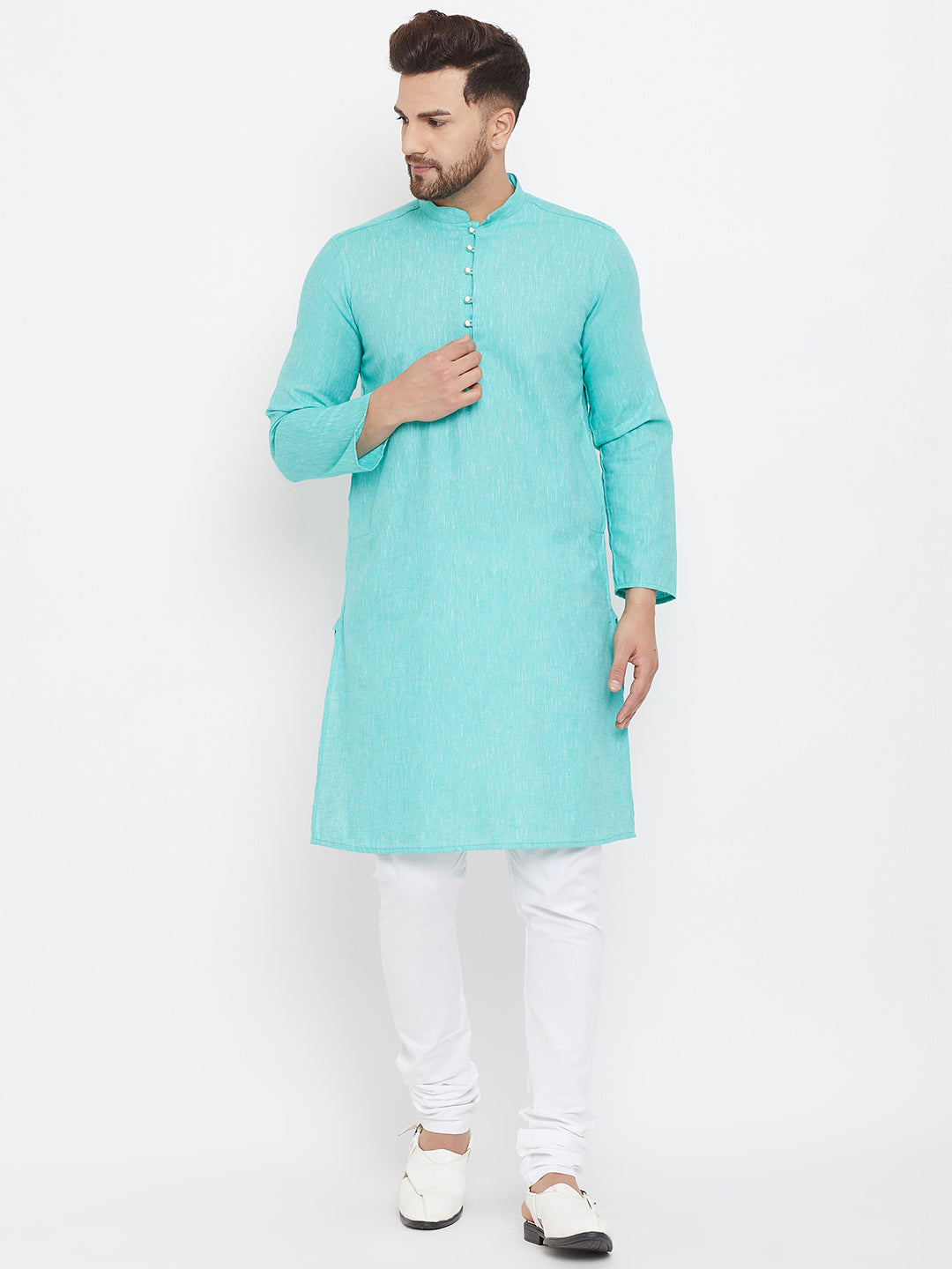 Men's Solid Turquoise Placket Detail Cotton Kurta