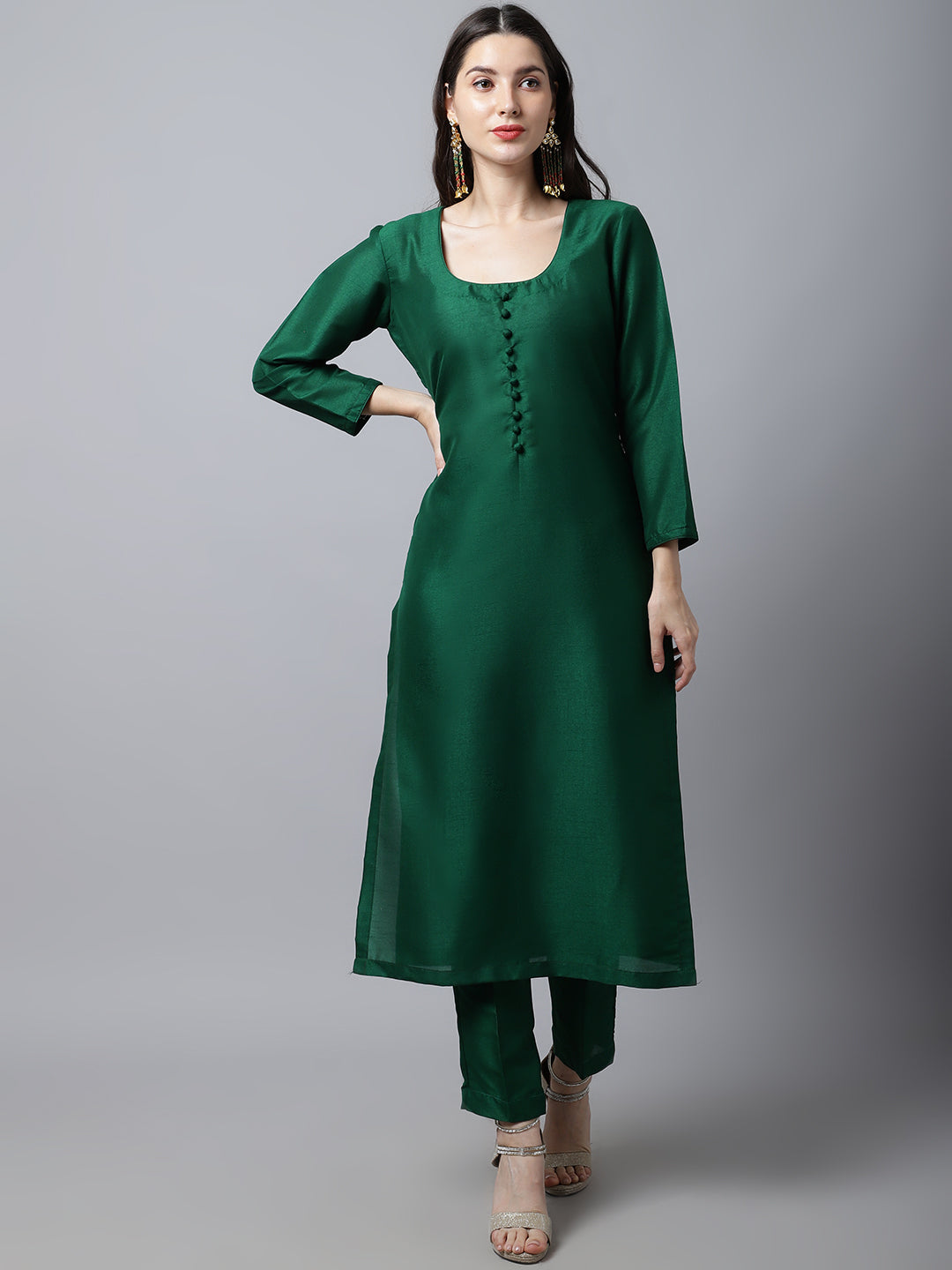 Women's Sizzling Green Silk Kurti With Pants - Anokherang