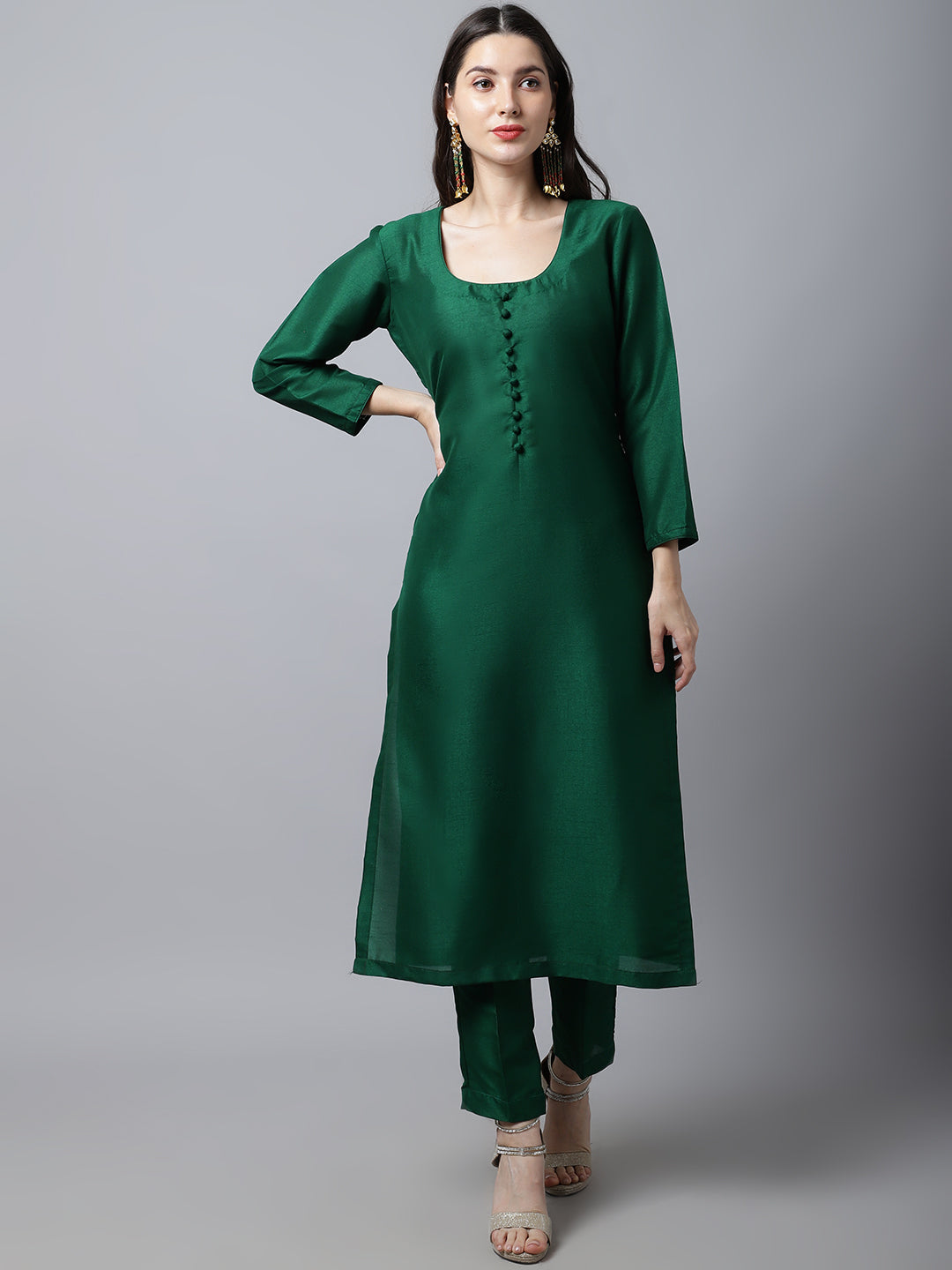 Women's Sizzling Green Silk Kurti With Pants