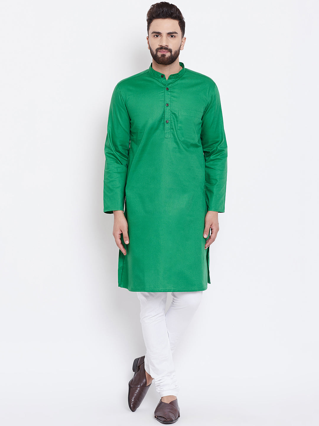 Men's Leaf Green Cotton Kurta - Even Apparels