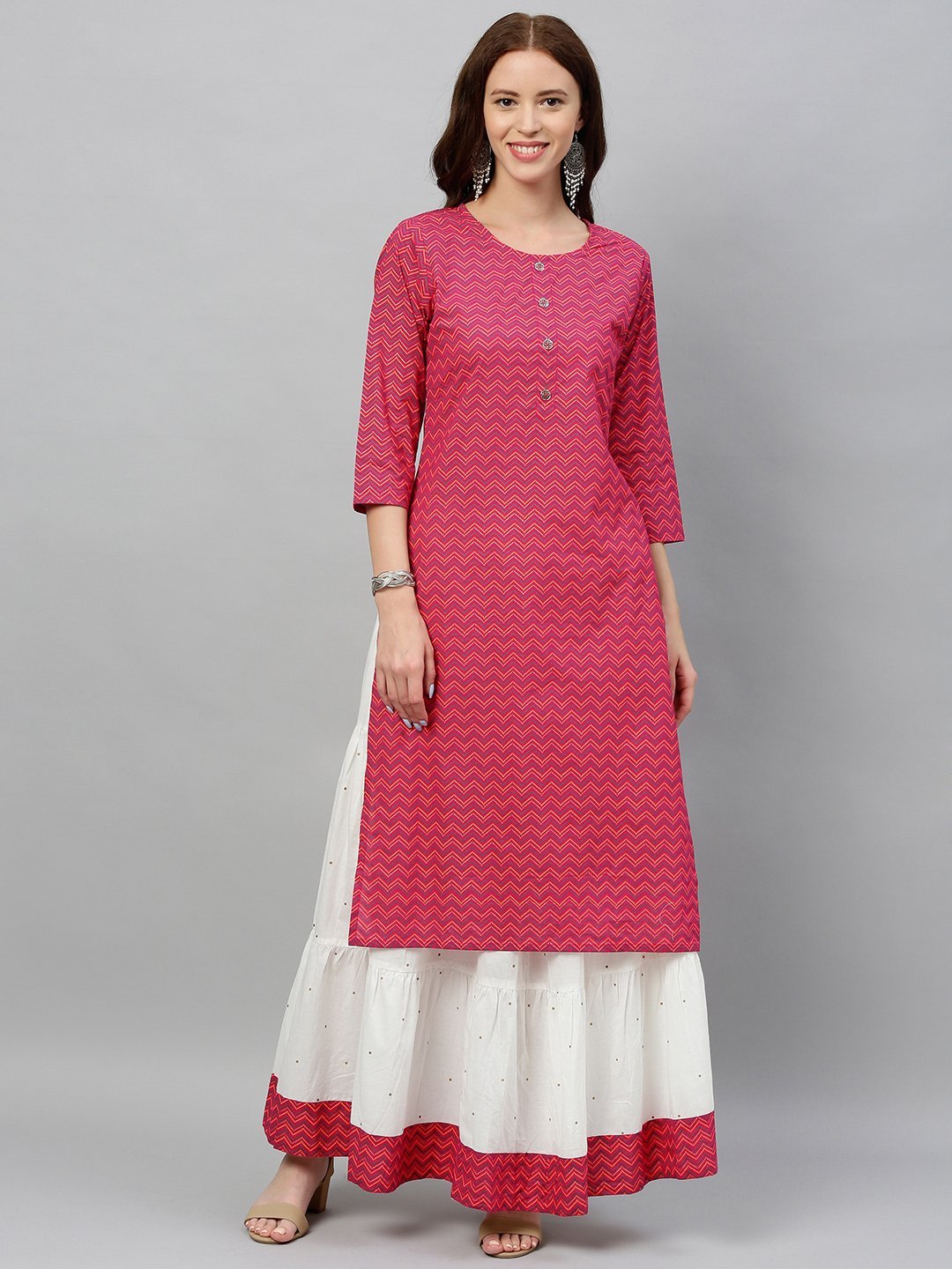 Women's Zigzag Printed Cotton Fabric Kurta & Skrit Set Pink Color - Kipek