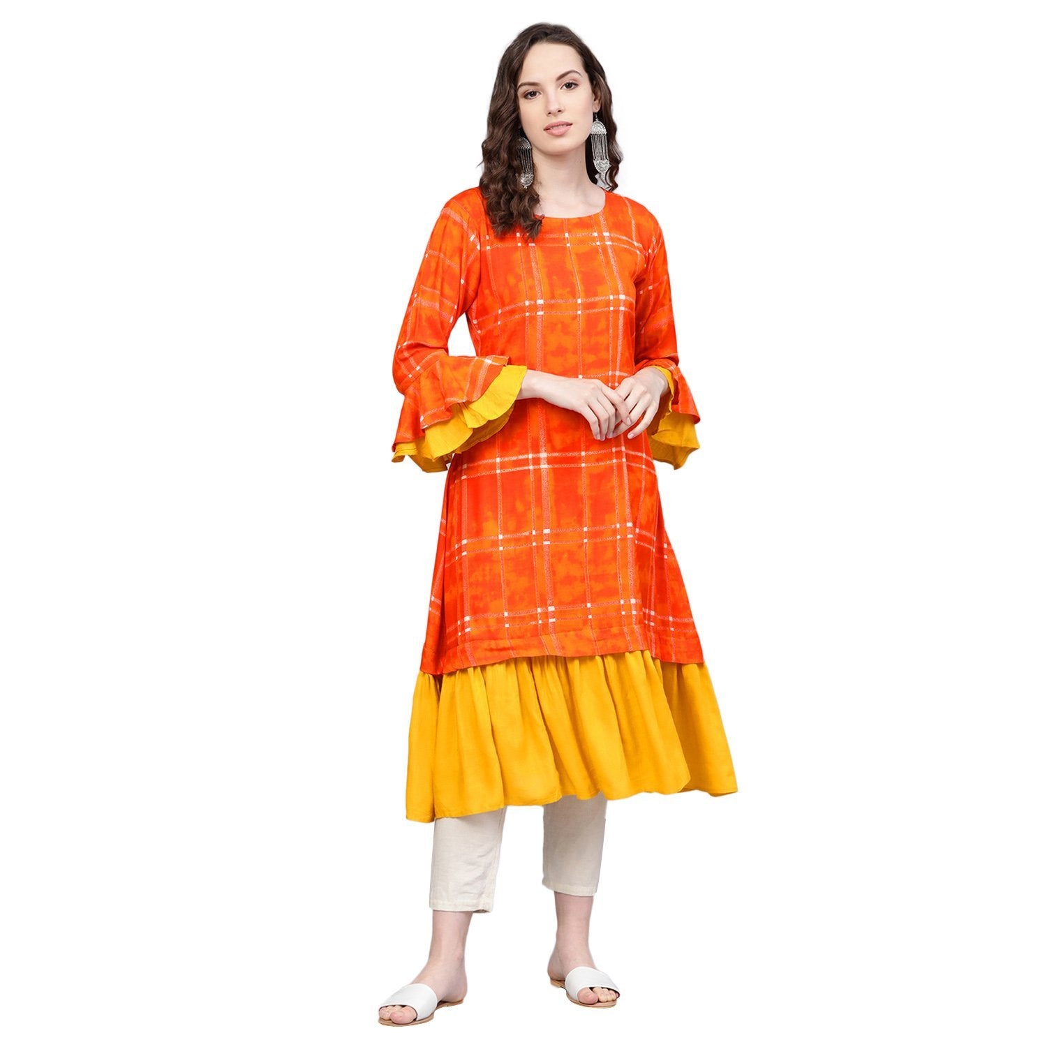 Women's Orange Rayon Printed 3/4 Sleeve Round Neck Casual Kurta Only - Myshka