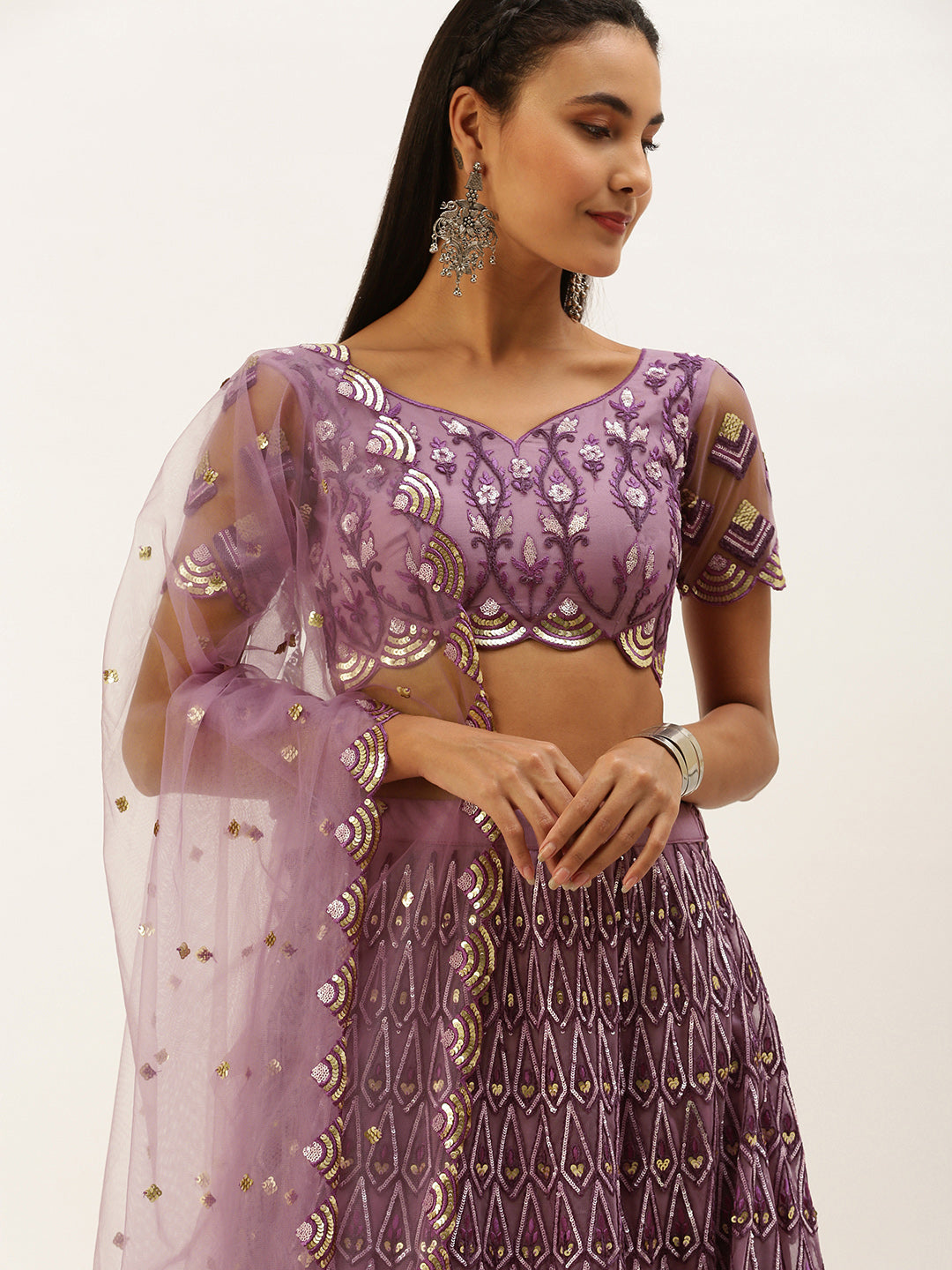 Women's Lavender Net Sequince Lehenga & Blouse With Dupatta - Royal Dwells