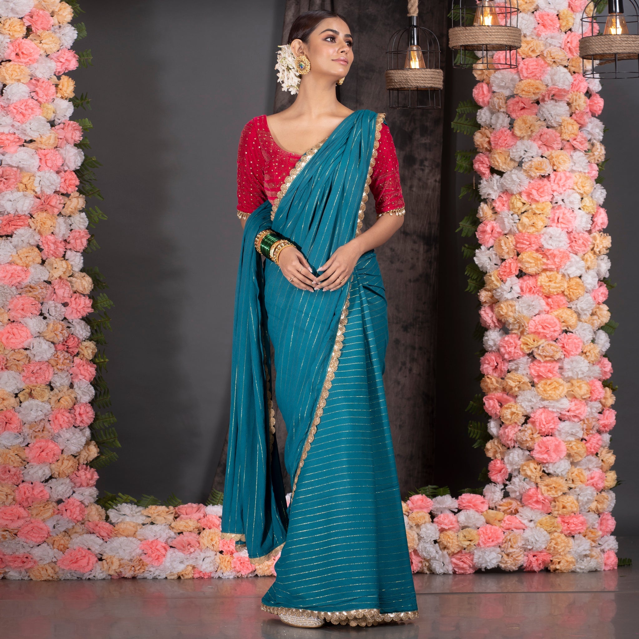 Women's Teal Blue Georgette Saree With Lurex Gold Stripes And Scallop Embroidered Border - Boveee