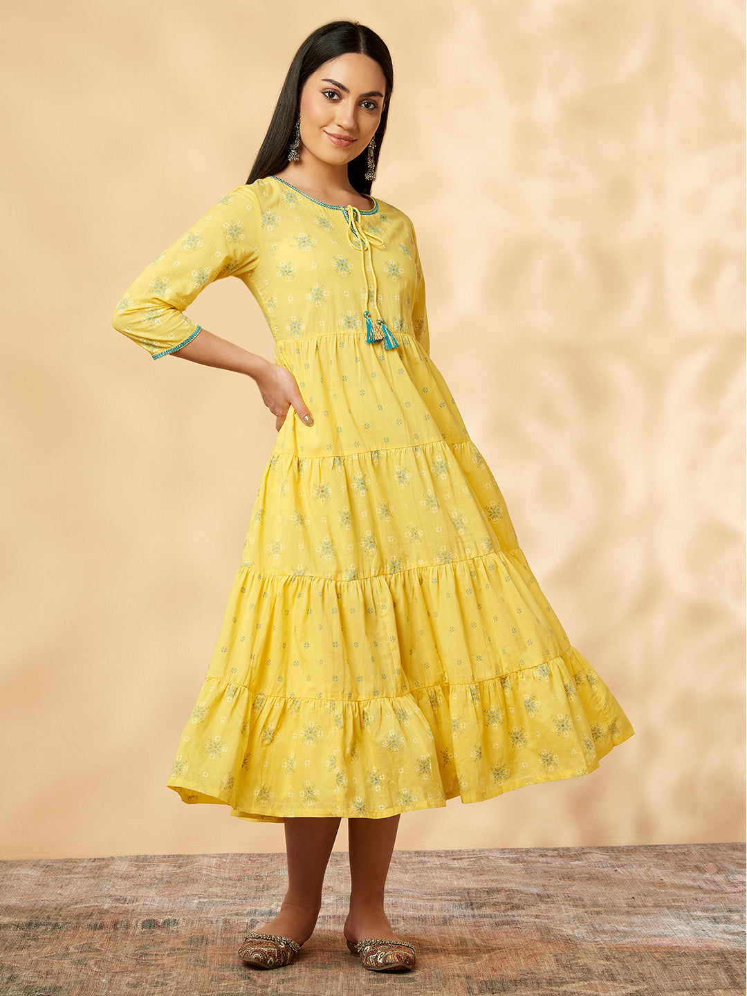 Women's Yellow Printed Tiered Dress - IMARA