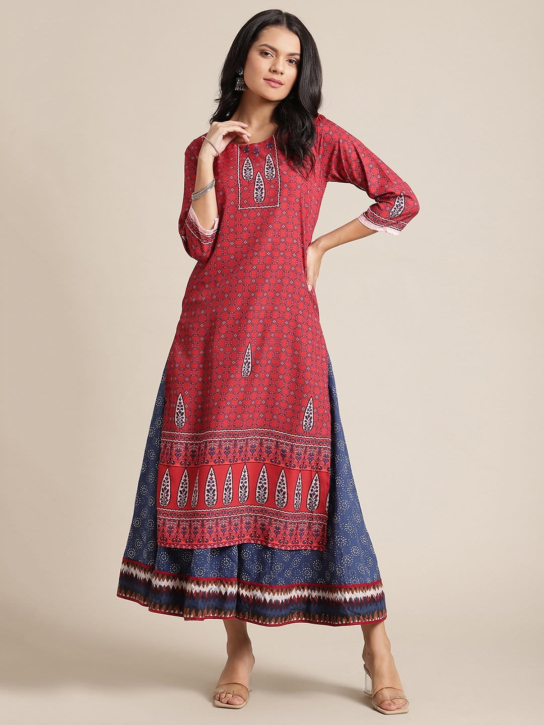 Women's KSUT Red And Blue Floral Printed Straight Kurta With 3/4Th Sleeves - Varanga