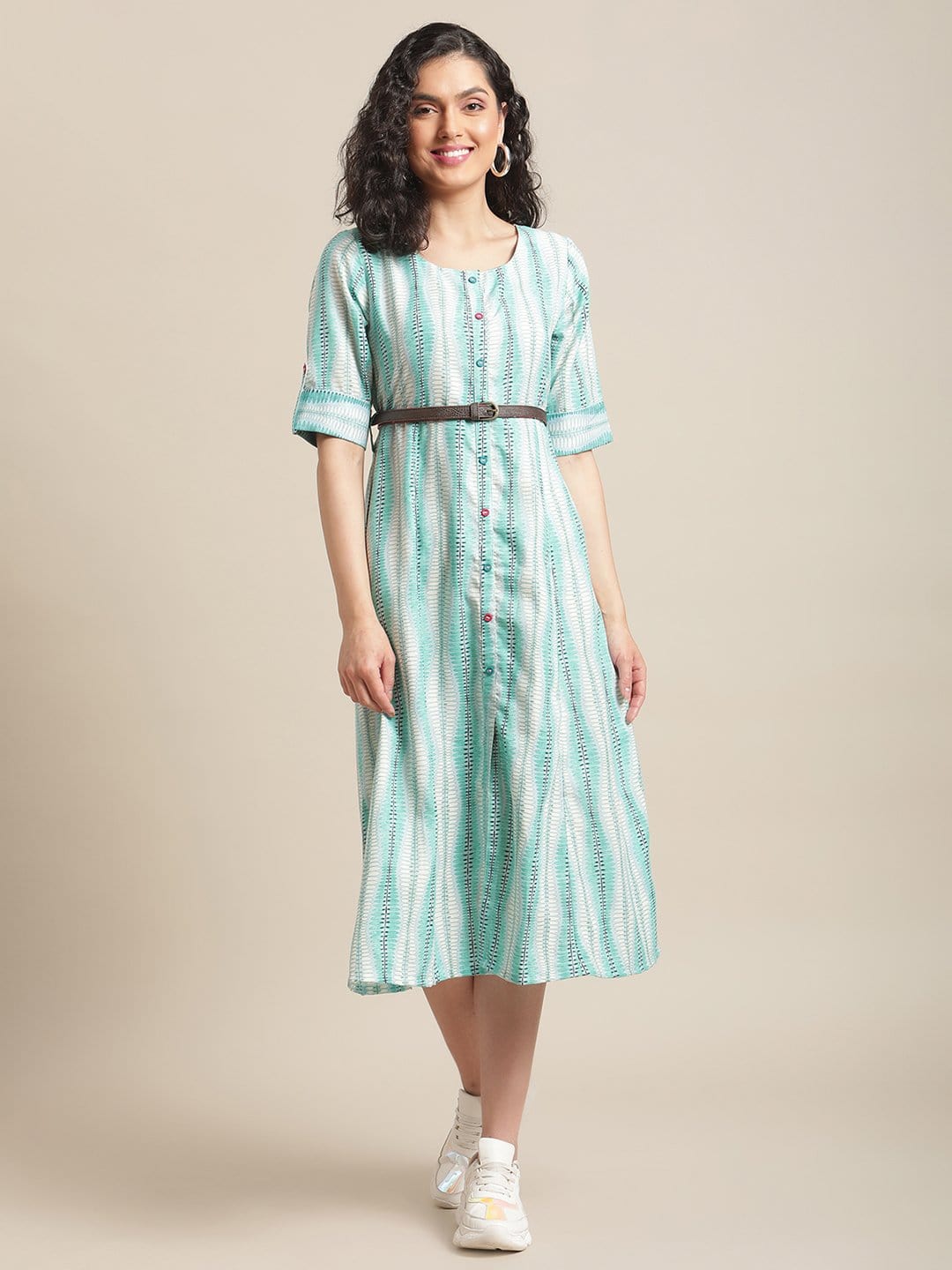 Women's Off-White And Blue Abstract Printed Panelled Kurta With Loops And Leather Belt - Varanga