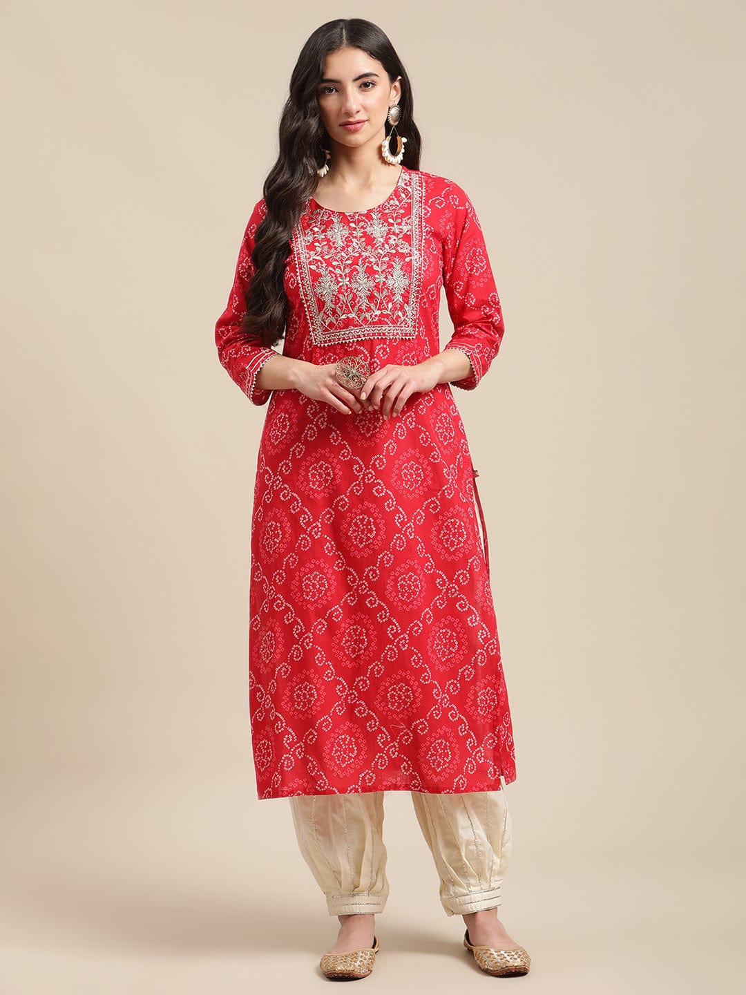 Women's Red And White Bandhej Printed Zari Embroidered Straight Kurta - Varanga