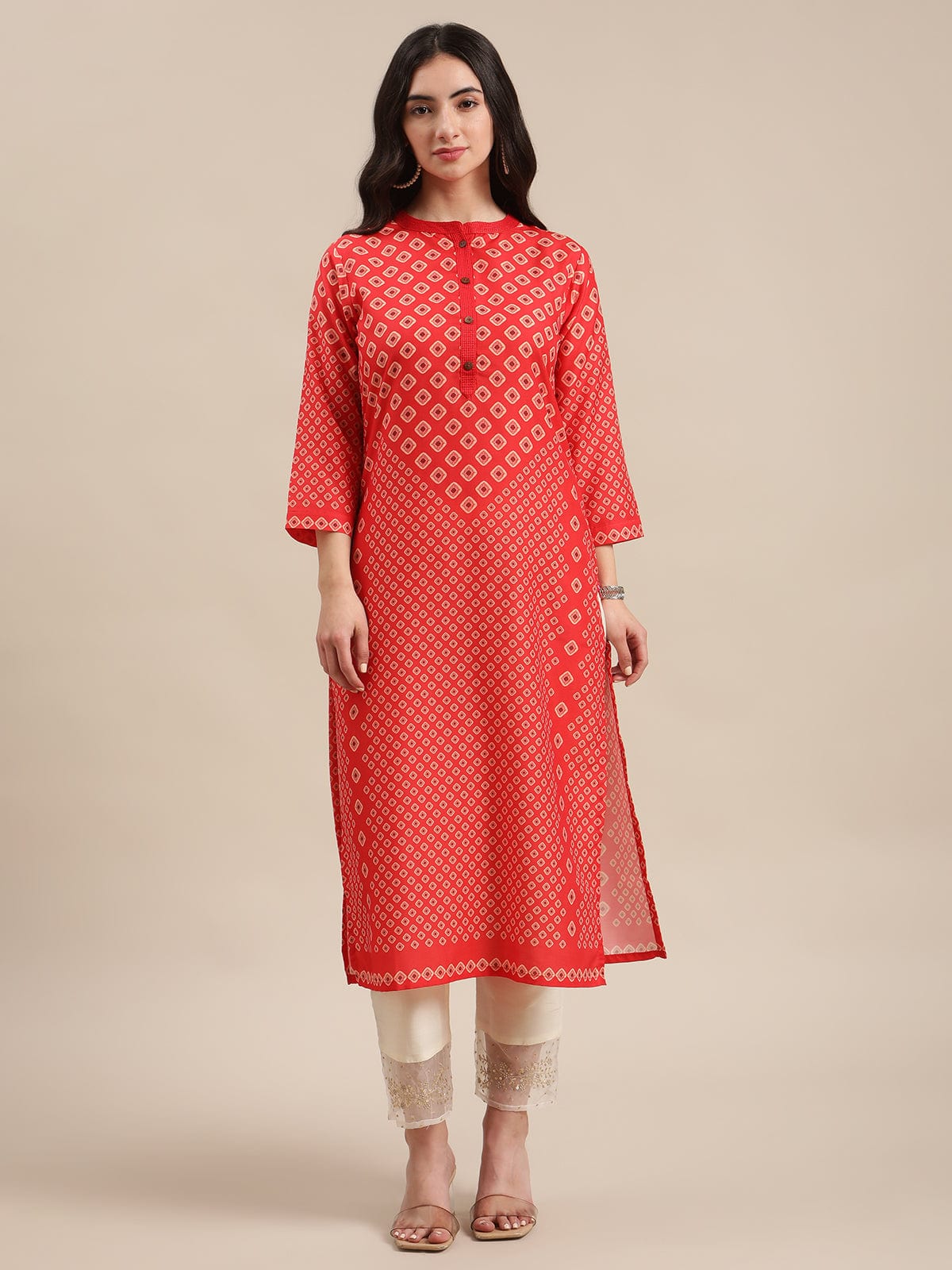 Women's Red And Cream Bandhej Printed Straight Kurta With 3/4Th Sleeves - Varanga