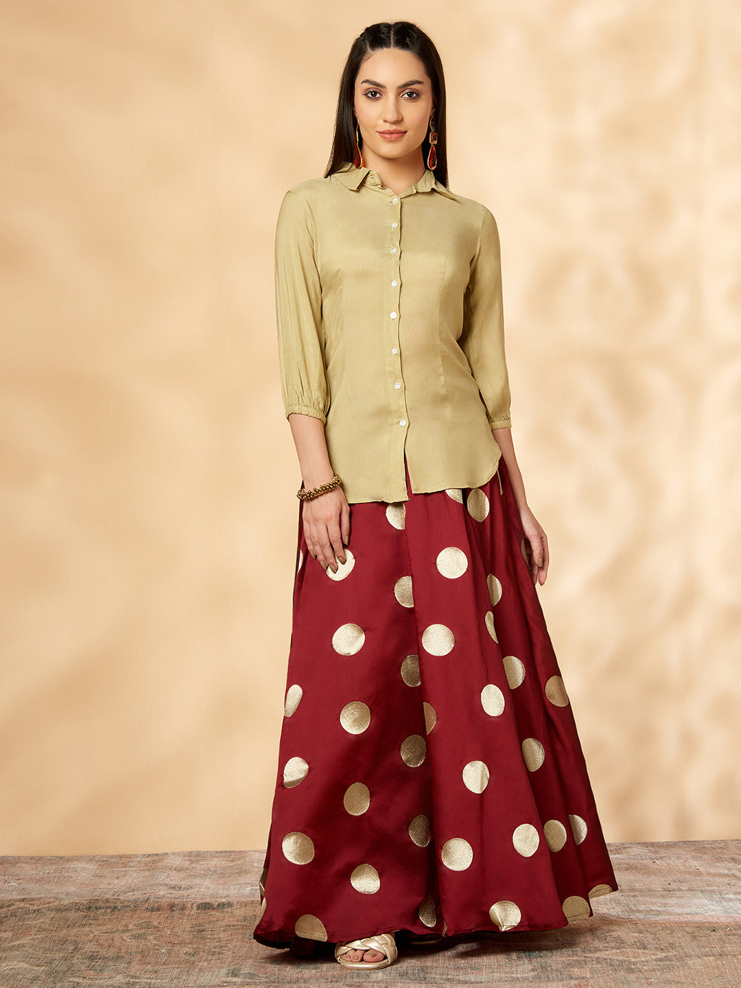 Women's Indo-Western Solid Beige Skirt With Maroon Flared Skirt Set - IMARA